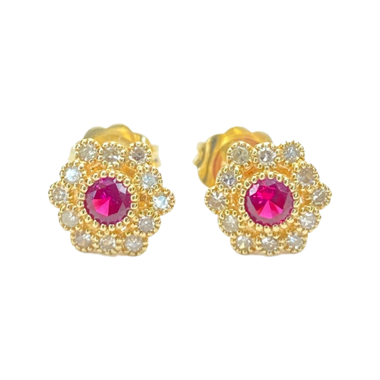 14K Yellow Gold Ruby & Diamond Stud Earrings