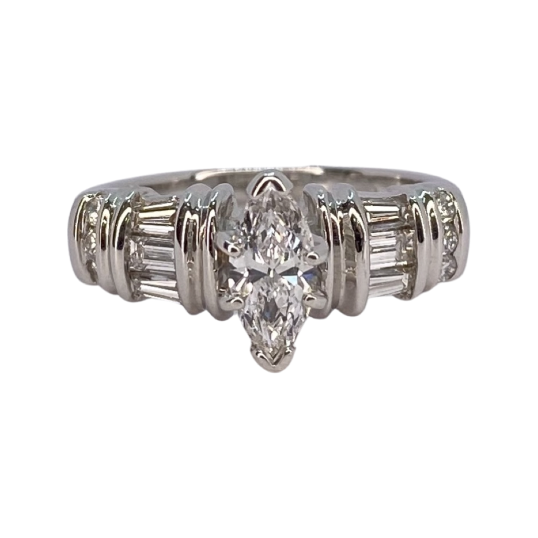 14K White Gold Marquise & Baguette Diamond Ring