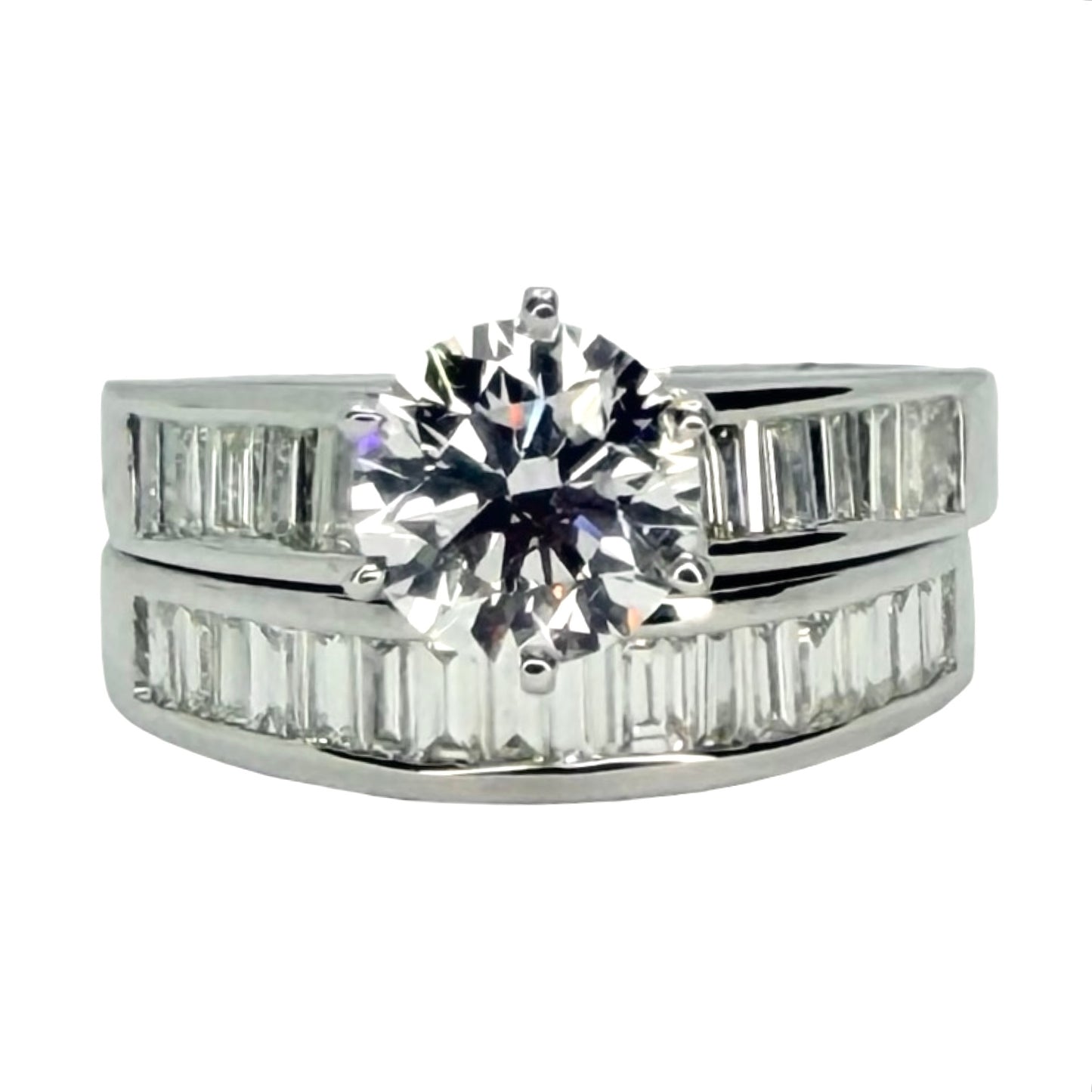 14K White Gold Lab Diamond Wedding Ring Set 1.27 Carats Lab Diamond Center Round and 1.20 Carats Natural Diamond Baguettes