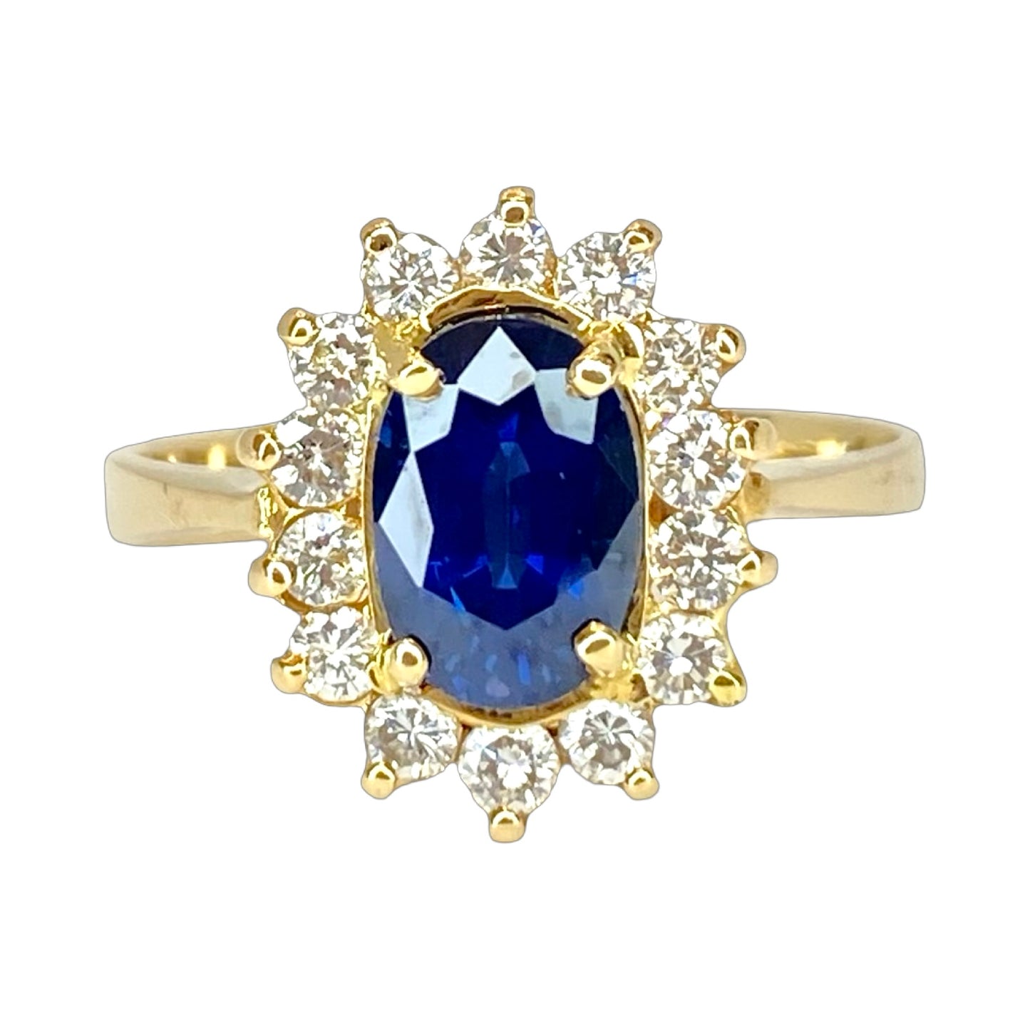 14K Yellow Gold Oval 1.20 Carats Blue Sapphire and 0.70 Carat Diamond Halo Ring