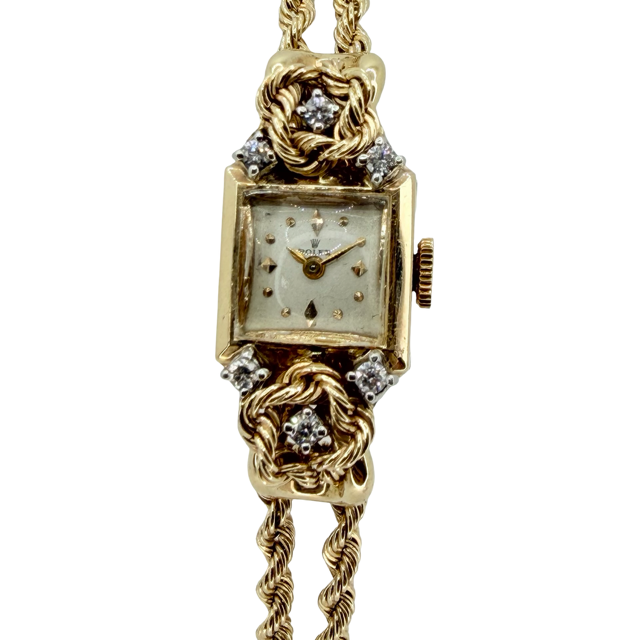 Rolex Ladies 14K Yellow Gold Silver Dial Double Rope Chain Bracelet