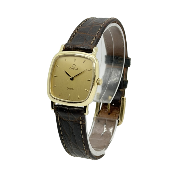 Omega De Ville Quartz 23mm 18K Yellow Gold Case Champagne Dial Brown Croco Strap 595.3111.1