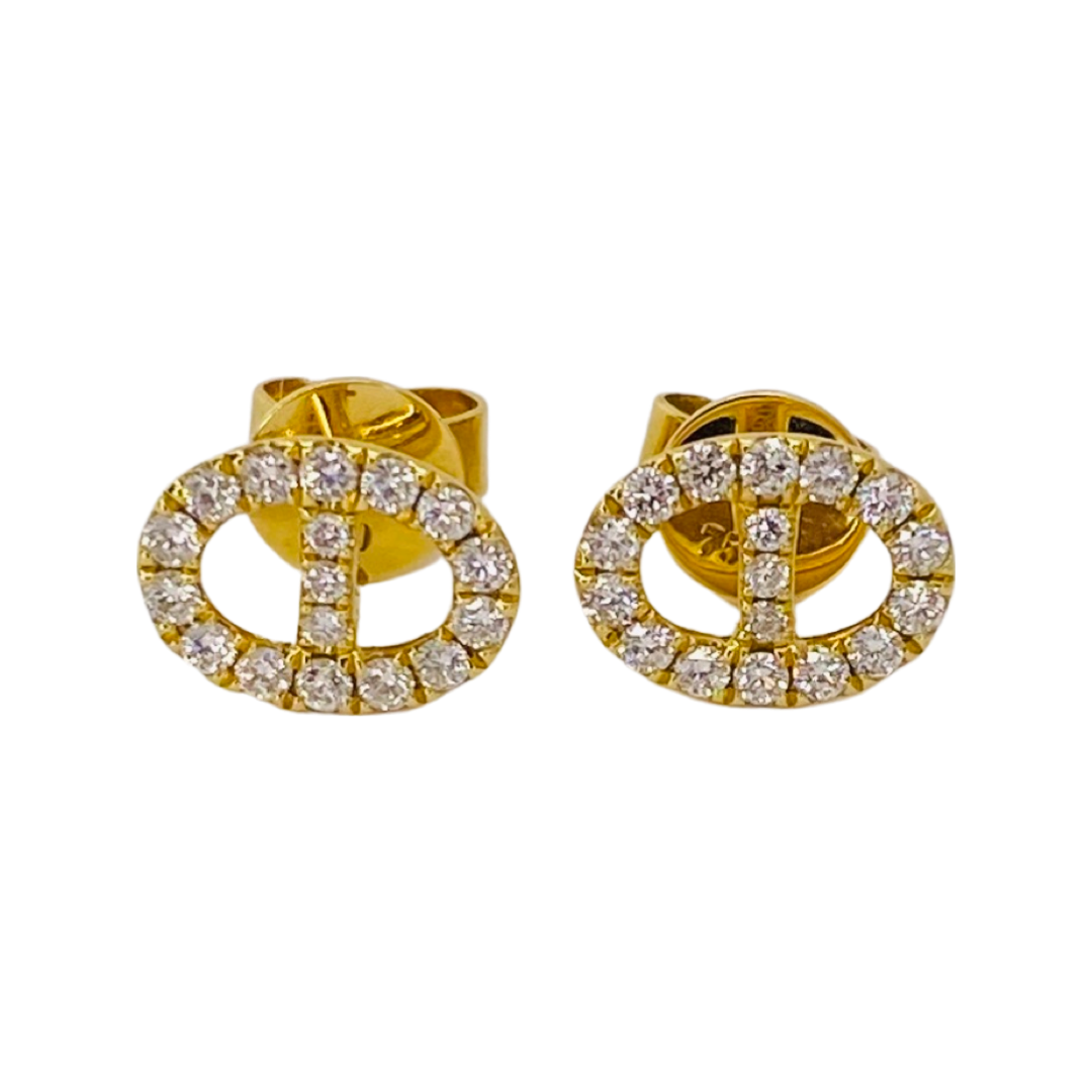 18K Yellow Gold Diamond Stud Oval Earrings