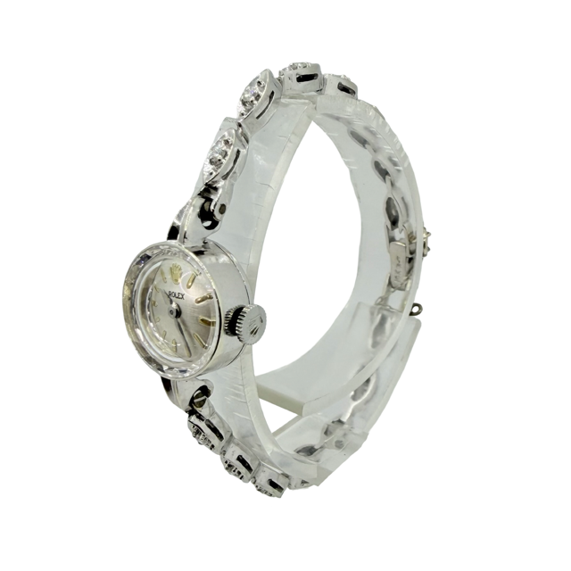 Rolex Vintage Ladies 14K White Gold Cocktail Watch Manual Winding Silver Dial Diamonds on the Bracelet