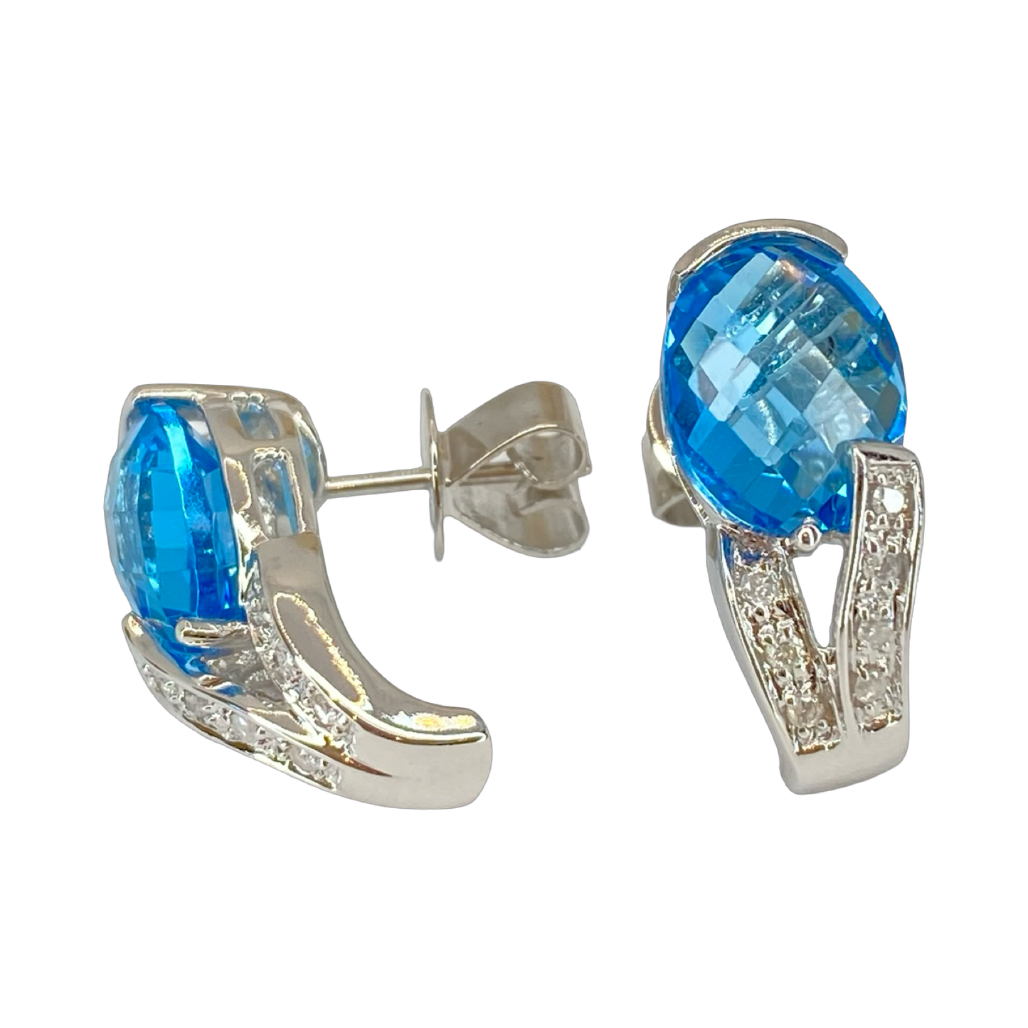 14K White Gold Faceted 4.00 Carats Oval Blue Topaz Earrings