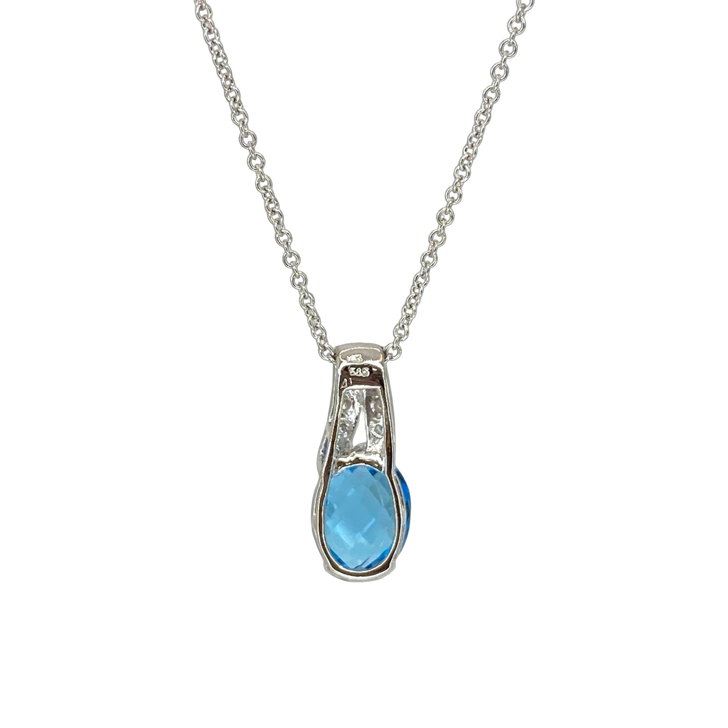 14K White Gold Faceted Oval Blue Topaz Pendant 2.00 Carats with Diamonds