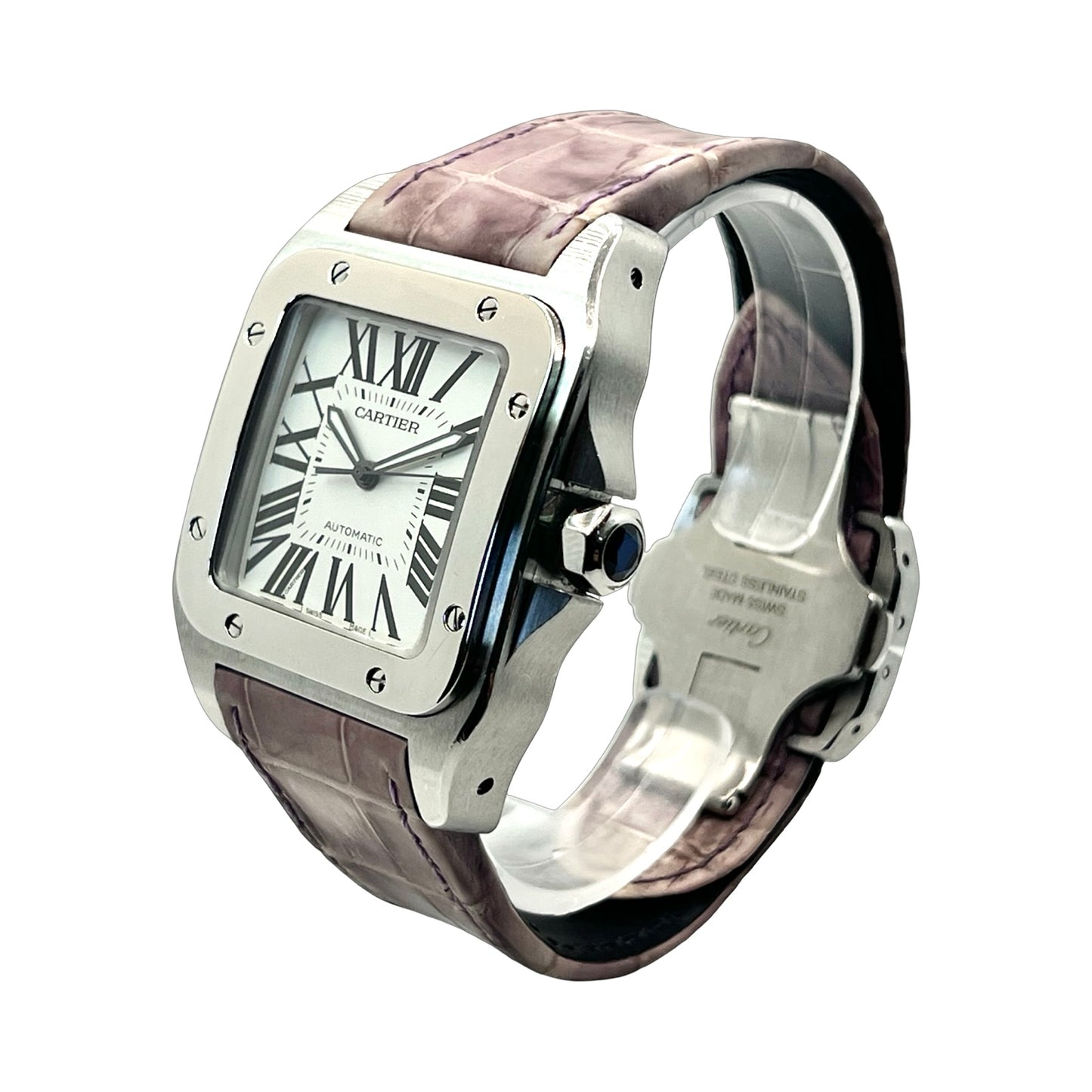 Cartier Santos 100 XL Automatic White Dial Stainless Steel Pink Strap 2656