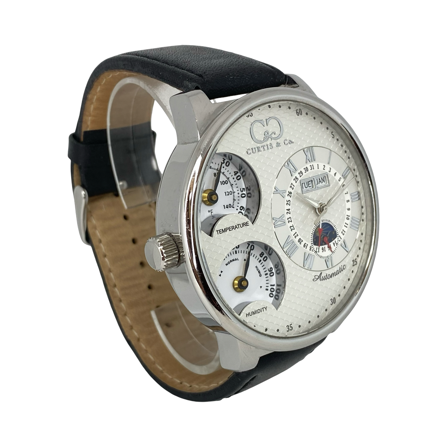 Curtis & Co Big Time Air Watch Automatic Triple Date Limited Edition White Dial  Black Leather Strap