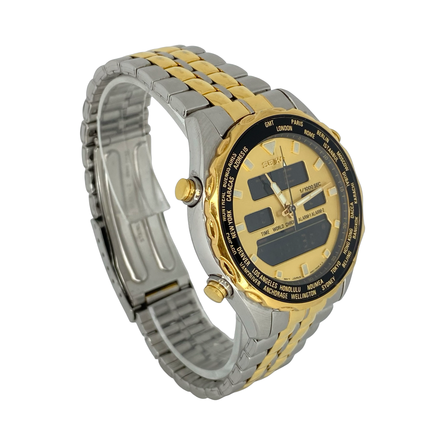 Seiko World Time Pilot Chronograph Ana/Digi Gold/ Steel H021-7001 Pre-Owned C.2004