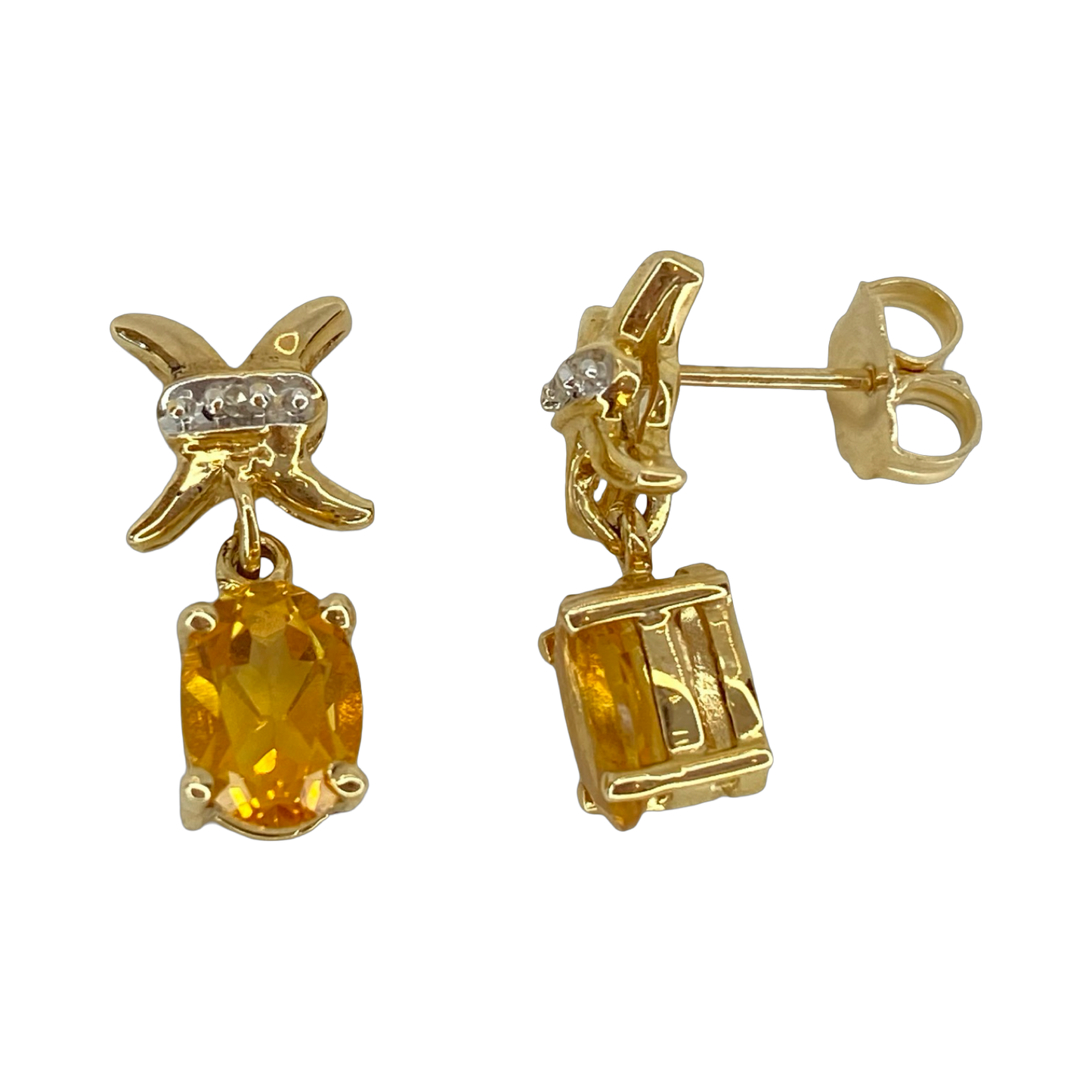 10K Yellow Gold Oval Citrine "X" Drop Earrings