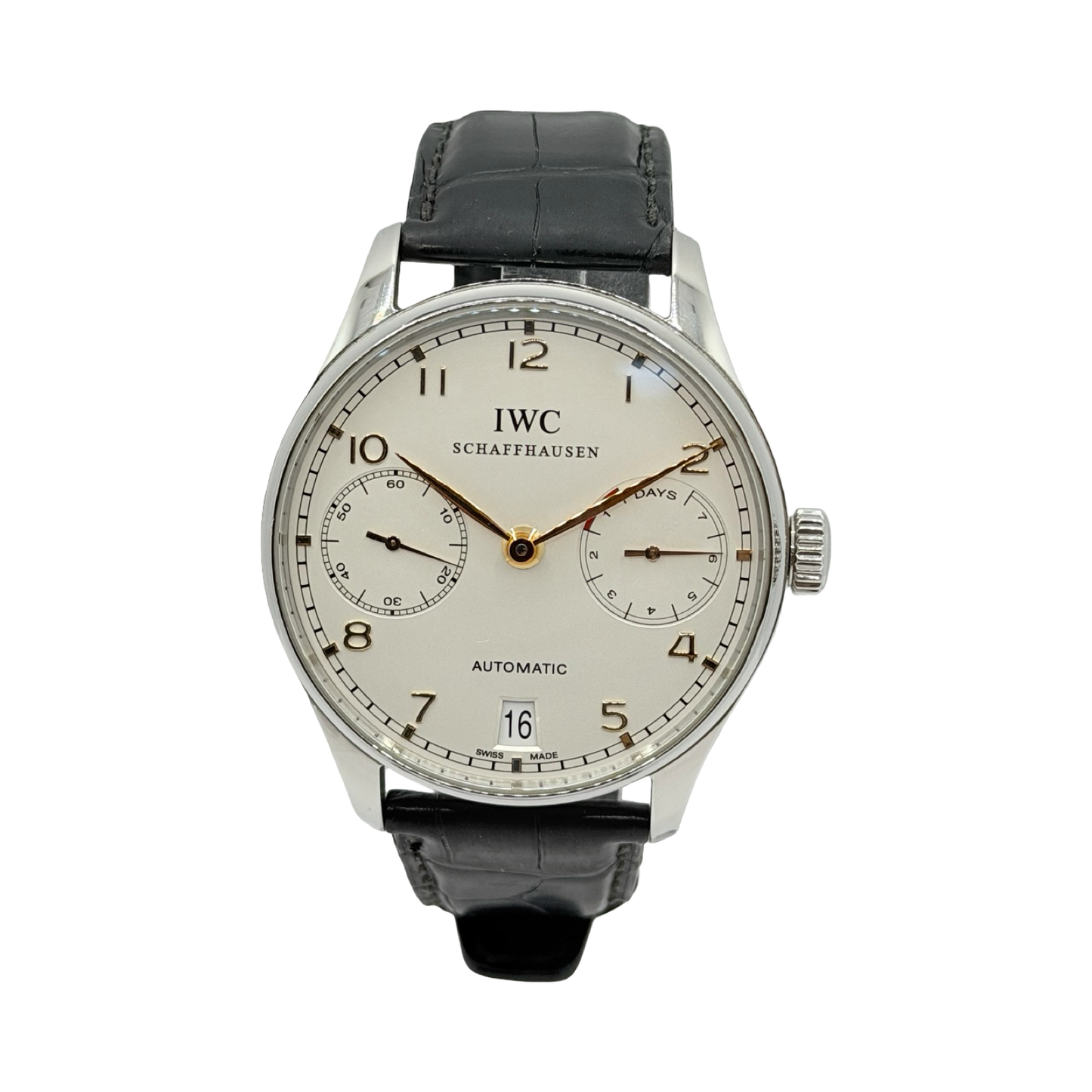 IWC Schaffhausen Portugieser 7 Day Power Reserve Silver Dial Black Leather Strap IW500114