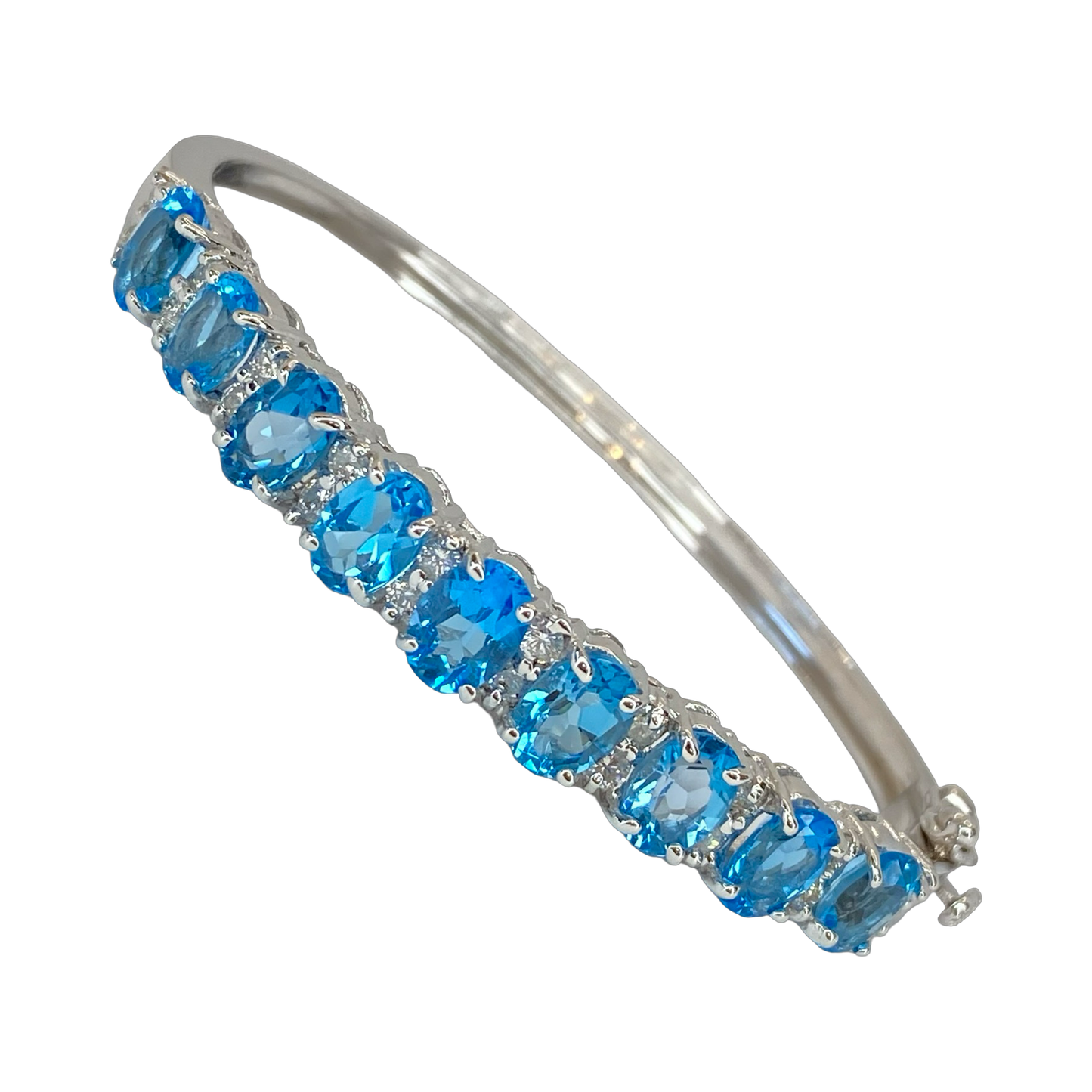 14K White Gold 10.00 Carats Oval Blue Topaz Bangle with Diamonds