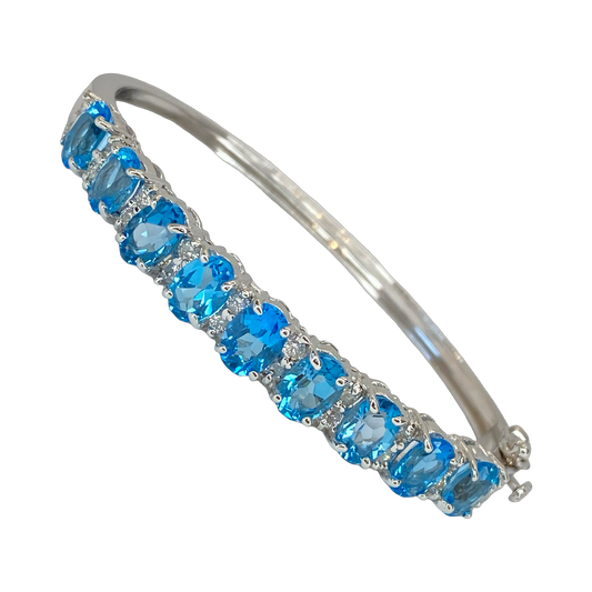 14K White Gold 10.00 Carats Oval Blue Topaz Bangle with Diamonds