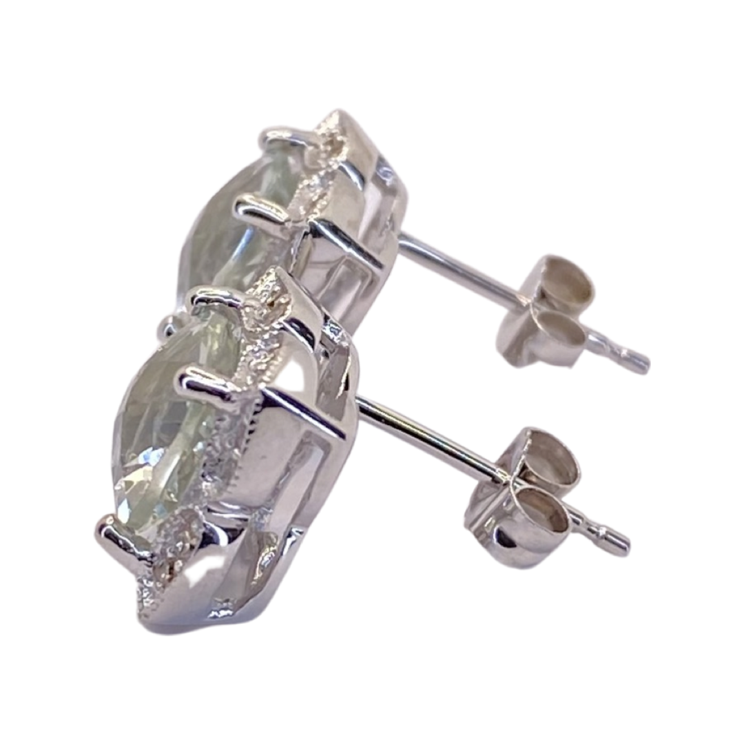 14K White Gold Green Amethyst & Diamond Stud Earrings