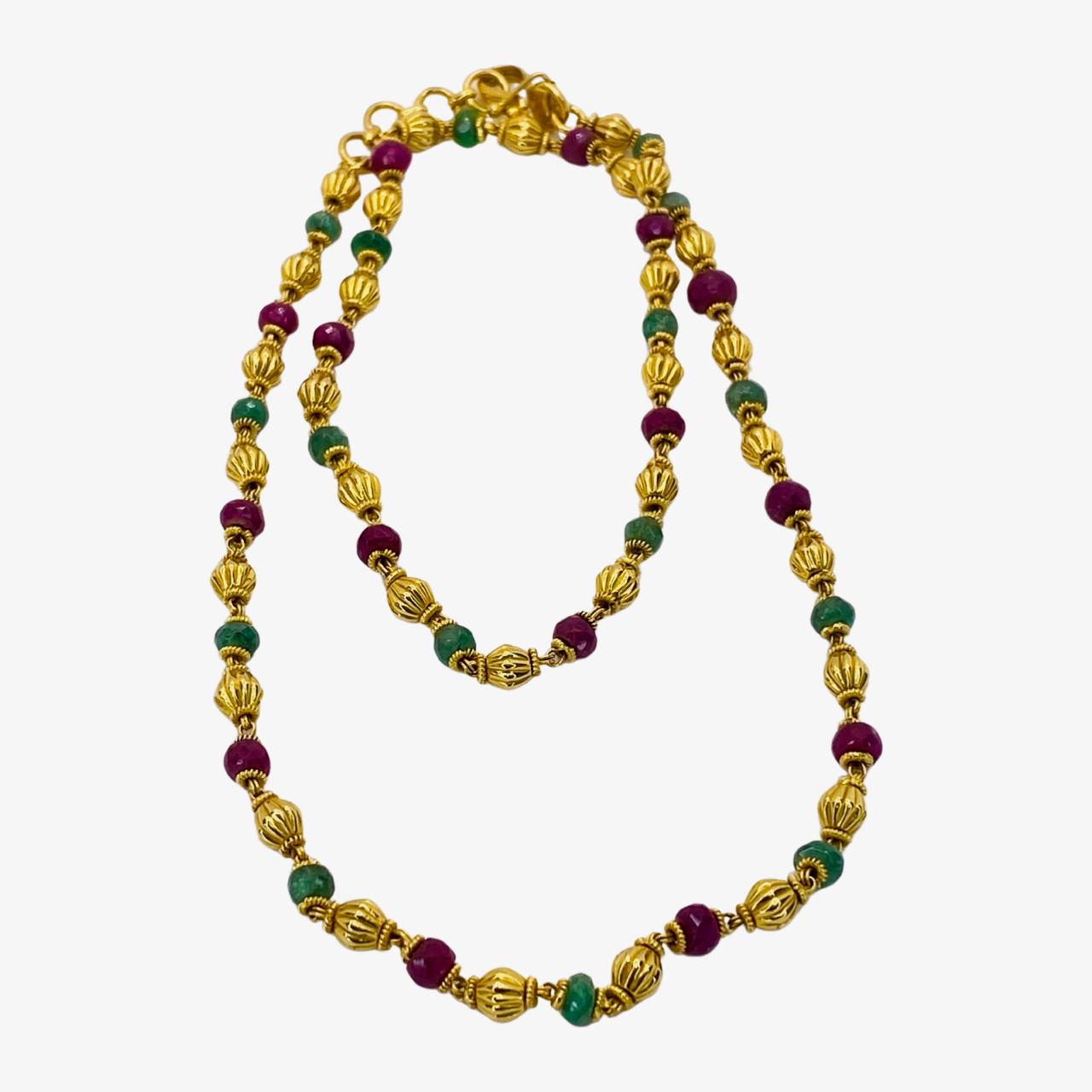 Estate Jewelry 22K Yellow Gold Faceted Round Emerald and Ruby Necklace