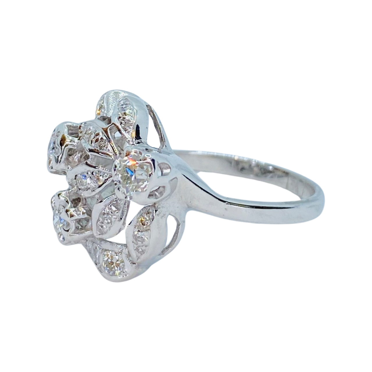 Estate Jewelry Womens 14K White Gold Flower Diamond Cocktail Ring