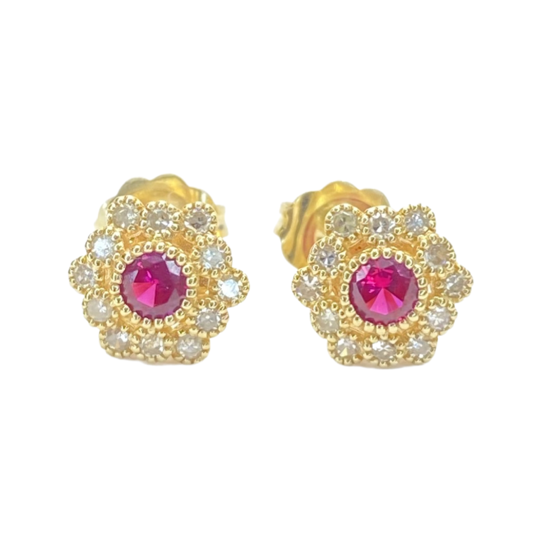 14K Yellow Gold Ruby & Diamond Stud Earrings