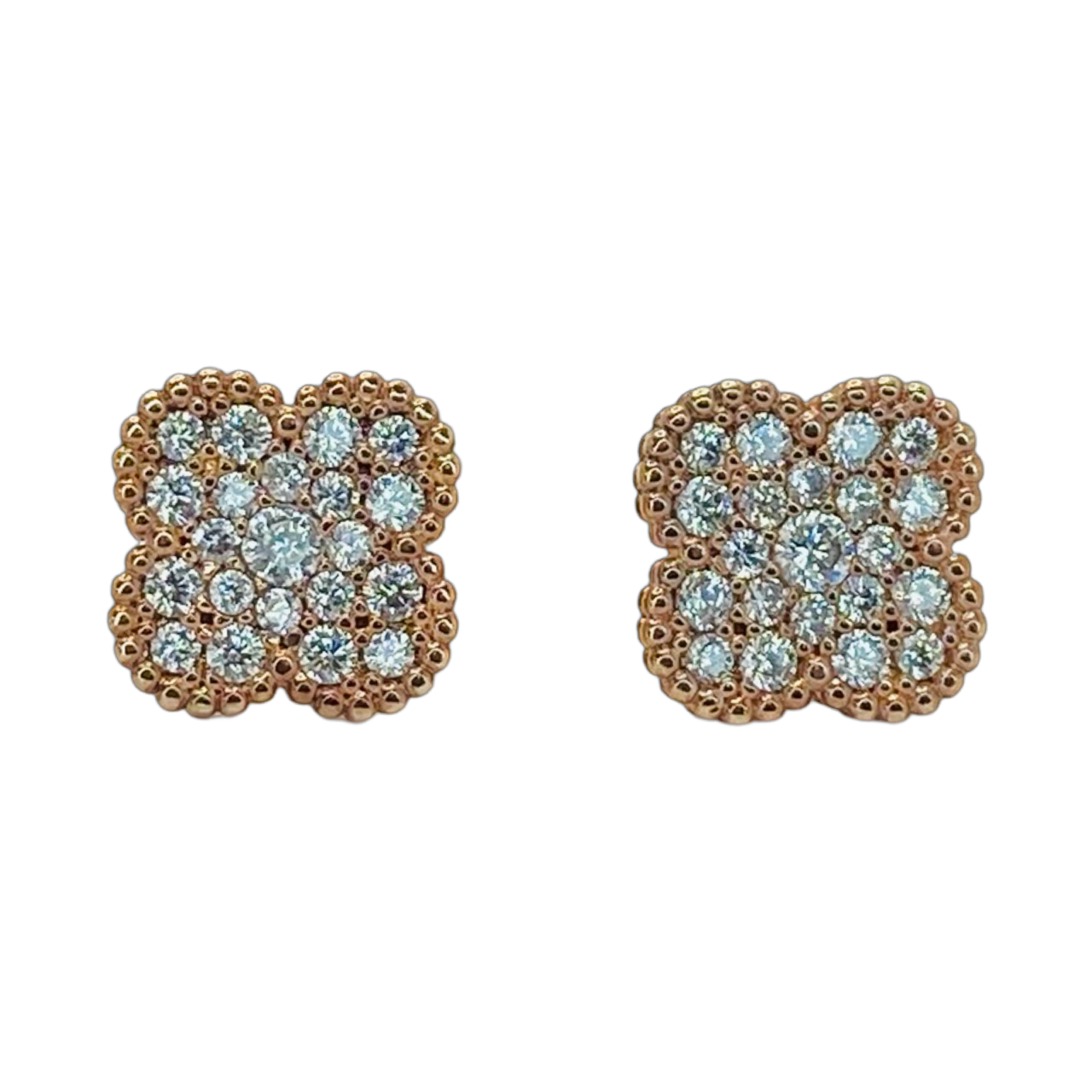 Estate Jewelry Rose Gold Tone Crystal Stud Clover Earrings