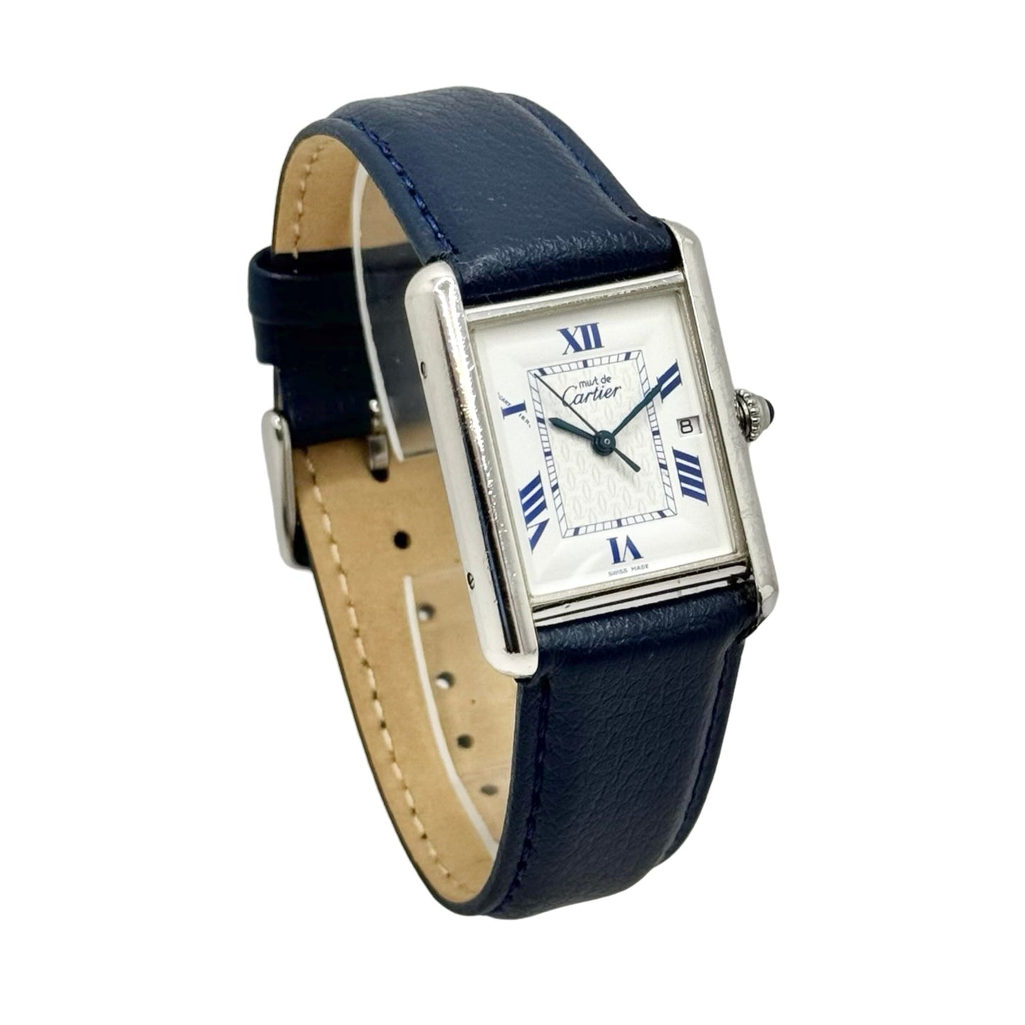 Cartier Must De Cartier Tank Mid Size 925 Silver White Dial Leather Strap Ref.2414