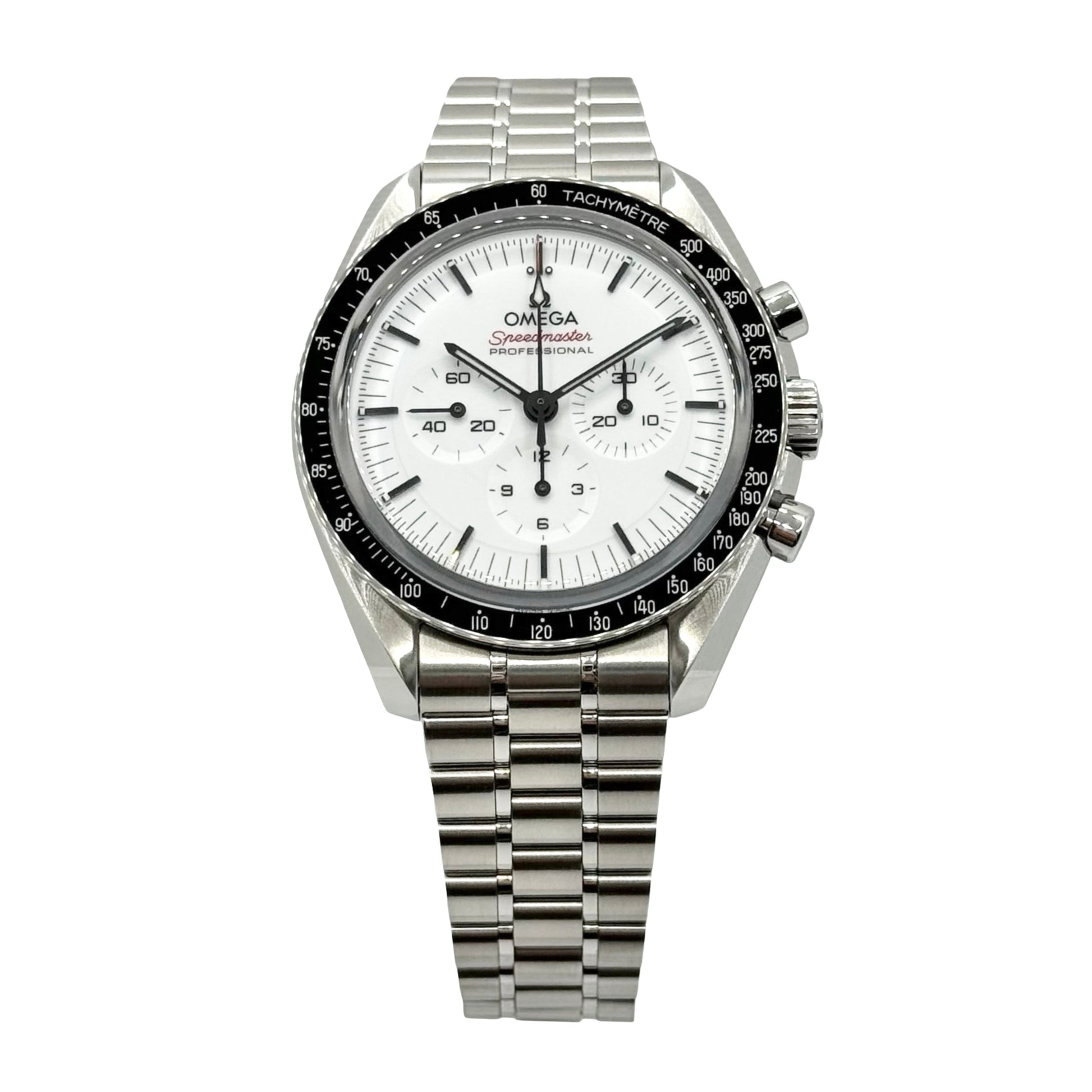 Silver Omega watch with a white face on a white background