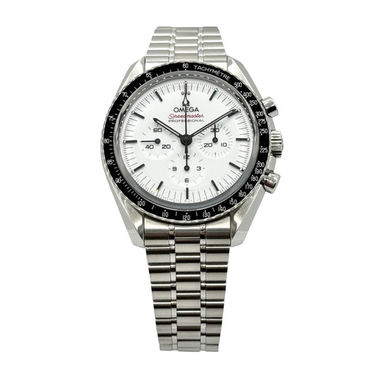 Silver Omega watch with a white face on a white background