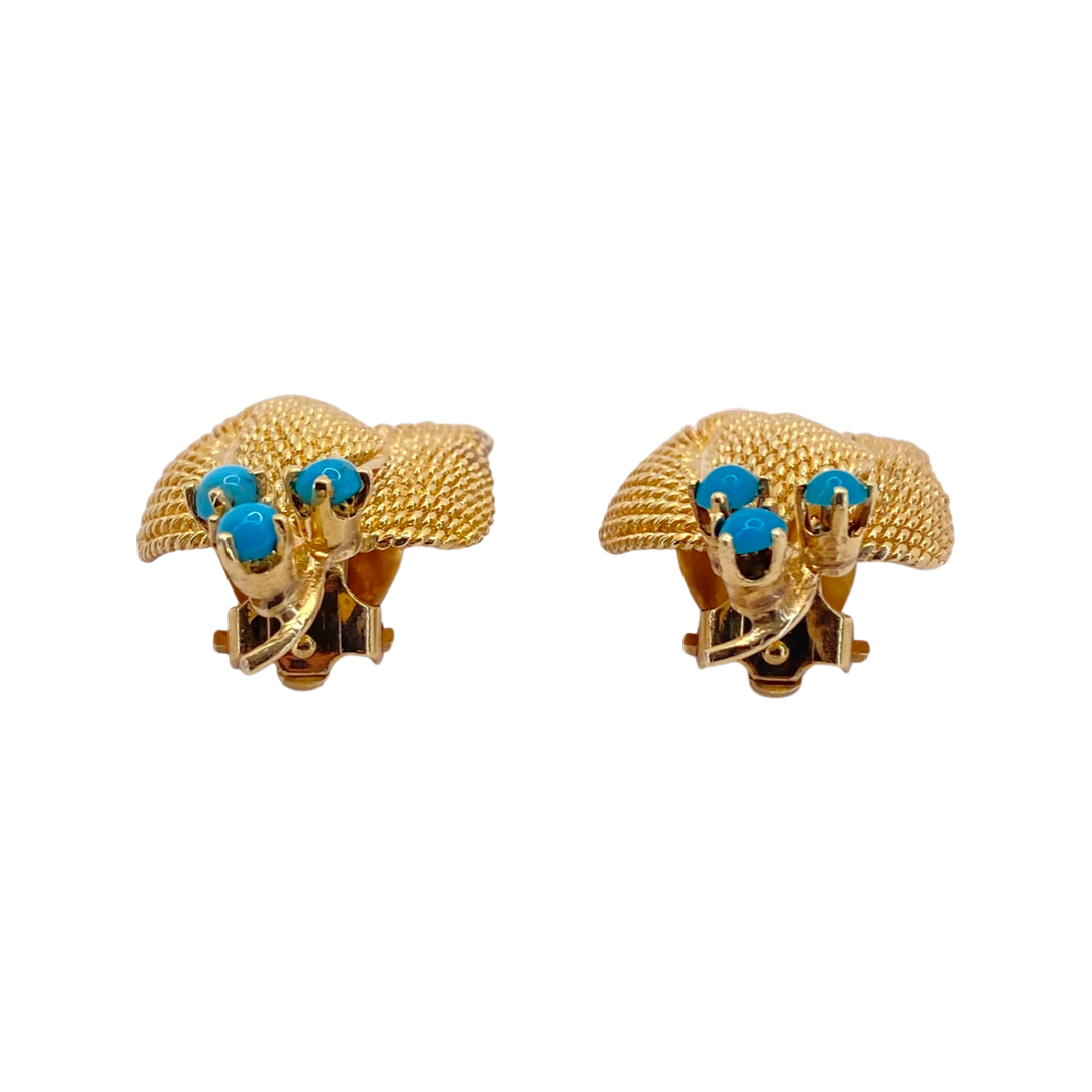 14K Yellow Gold Leaf Turquoise Clip-On Earrings