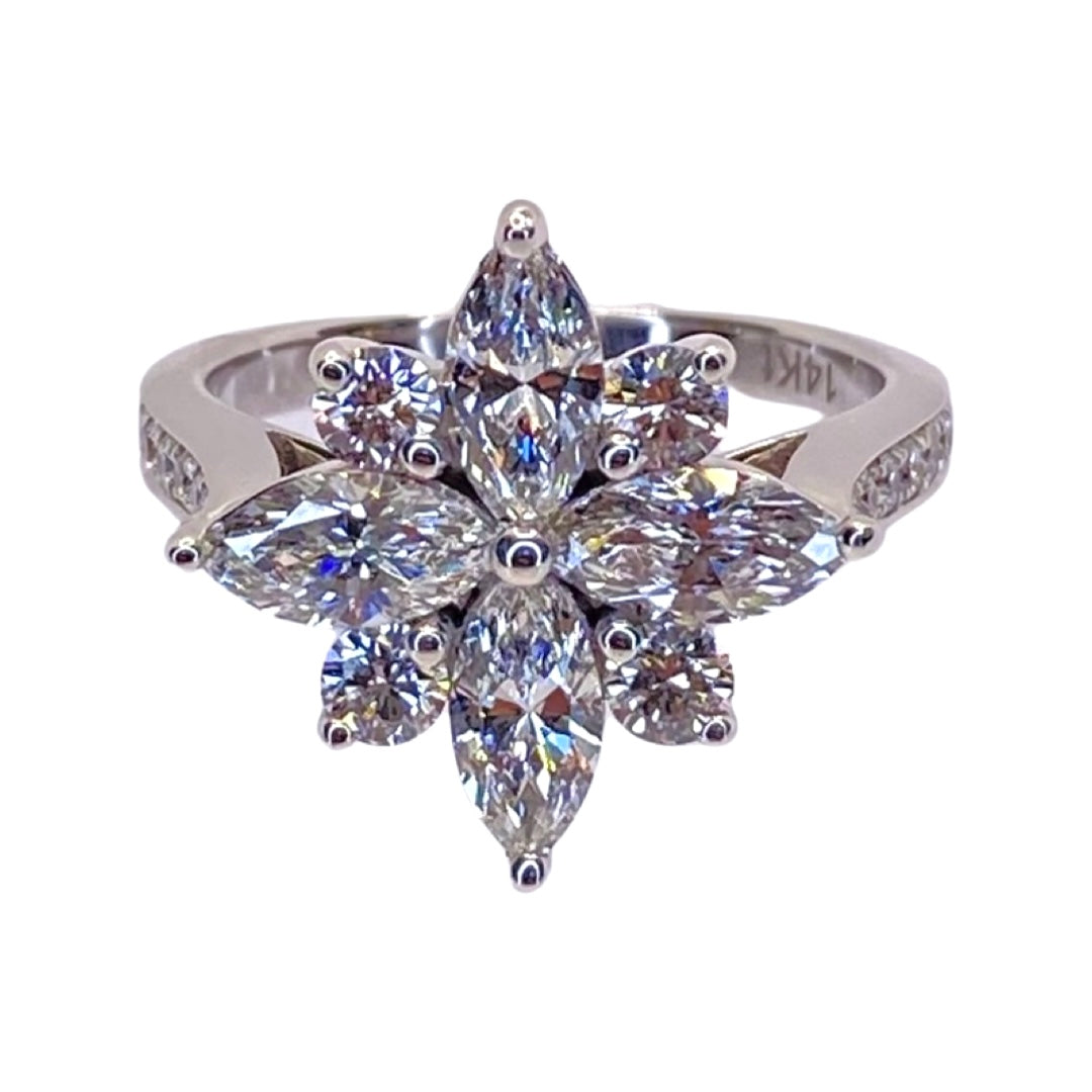 14K White Gold Marquise Diamond Flower Ring