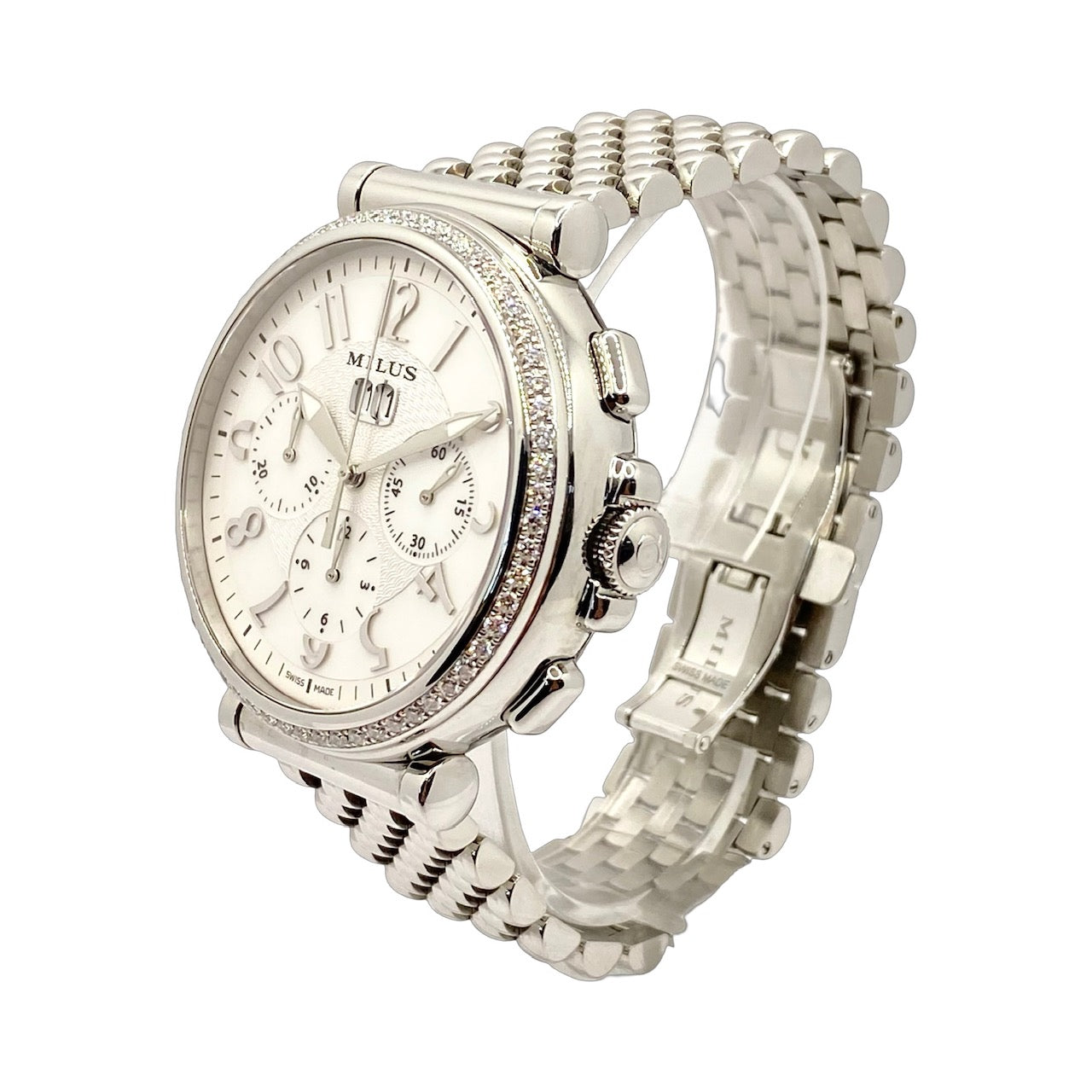 Milus Zetios Joaillerie Automatic Chronograph Date Mother-of-Pearl Dial Diamond Bezel on Steel Bracelet  ZETC023