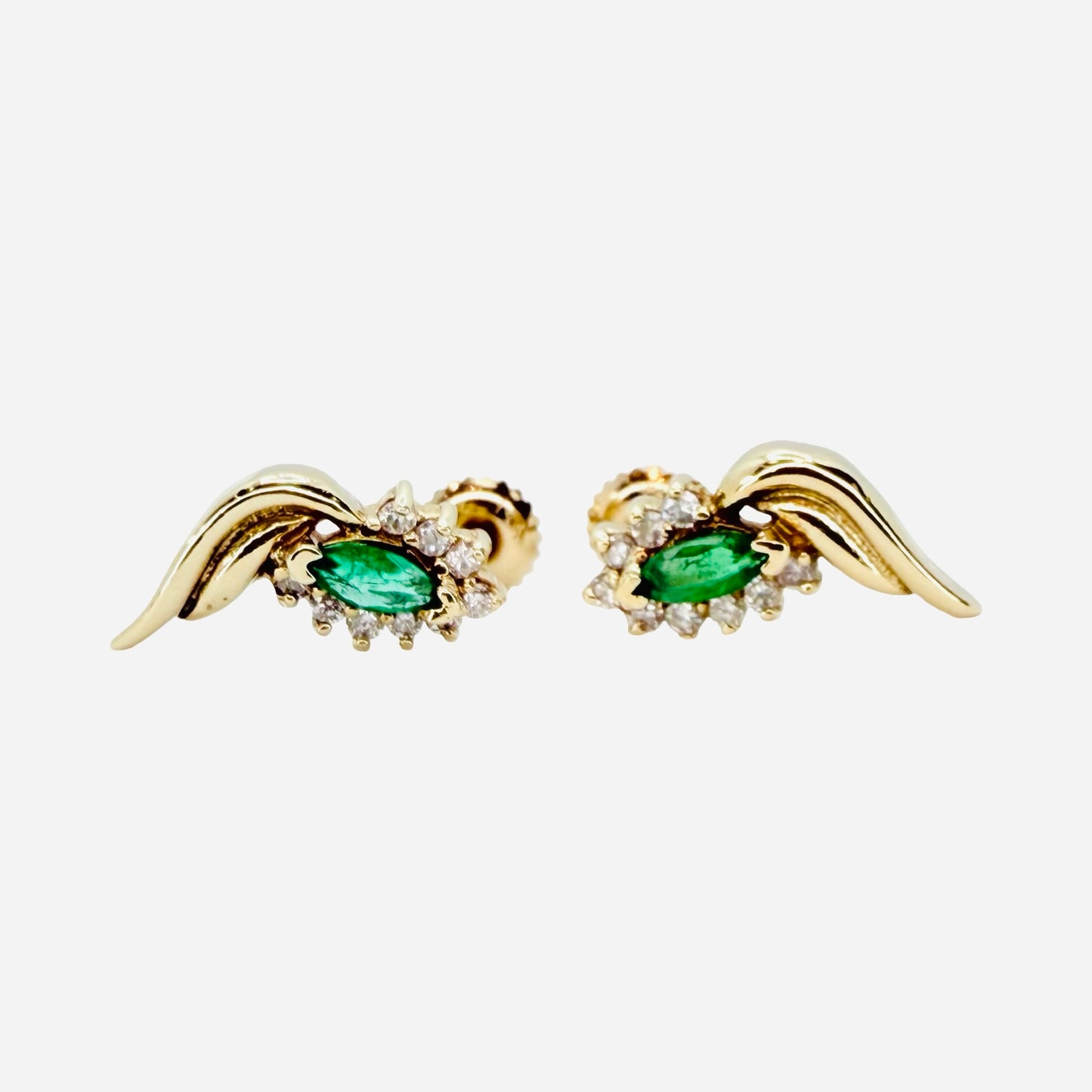 14K Yellow Gold Marquise Cut Green Emerald and Diamonds Earrings