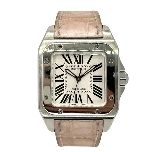 Cartier Santos 100 Automatic Silver Dial Pink Crocodile Strap 2878/ W20126X8