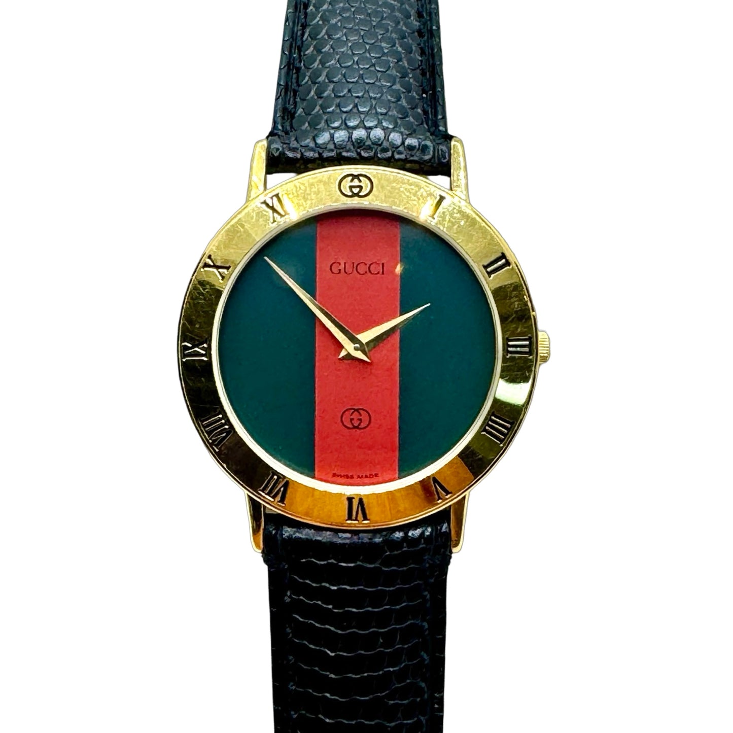 Gucci 3001M 18K Goldplated Case Red and Green Sherry Line Dial Black Leather Strap