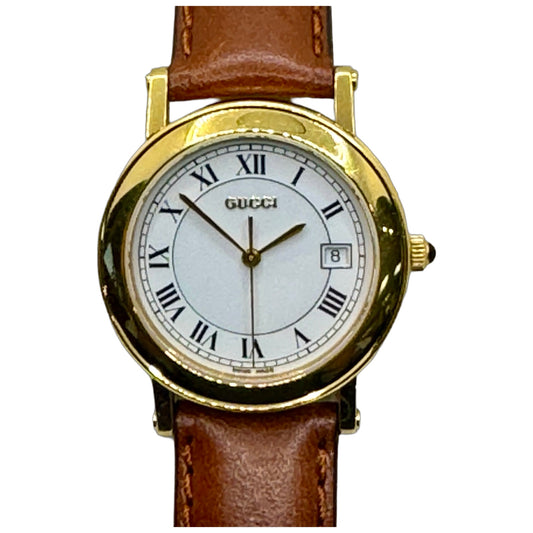 Gucci 7200M 18K Goldplated Case White Dial Brown Leather Strap