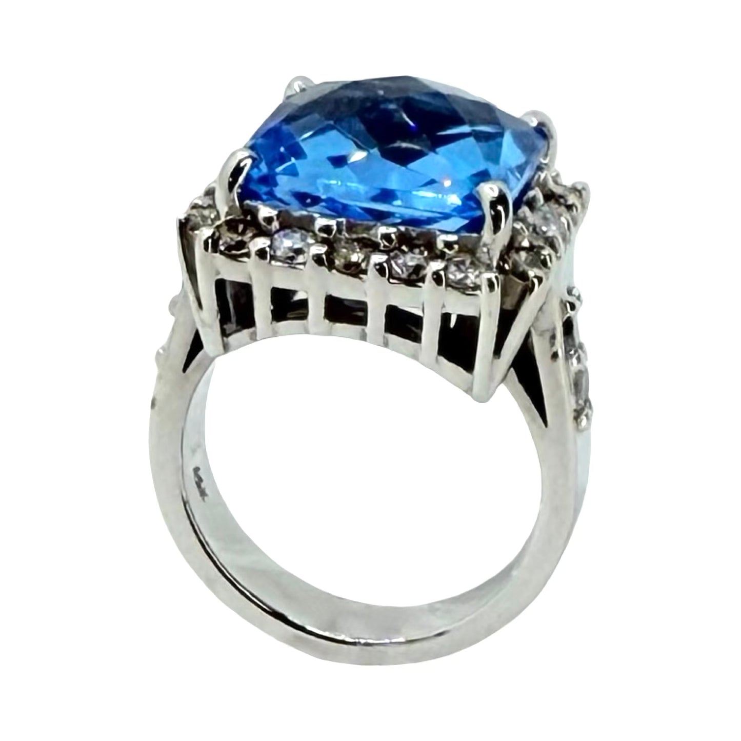 14K White Gold 12.00 Carat Blue Topaz Cocktail Ring 1.20 Carats Diamonds