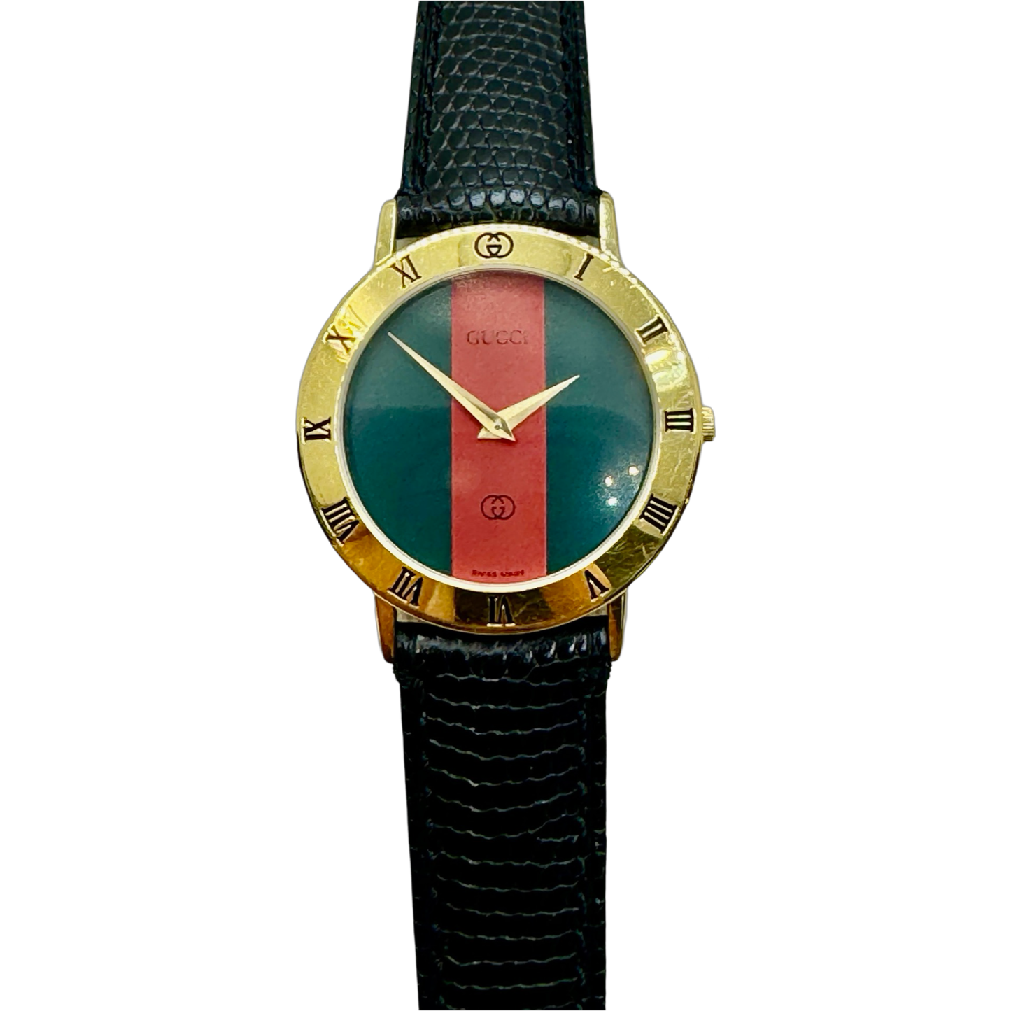 Gucci 3001M 18K Goldplated Case Red and Green Sherry Line Dial Black Leather Strap