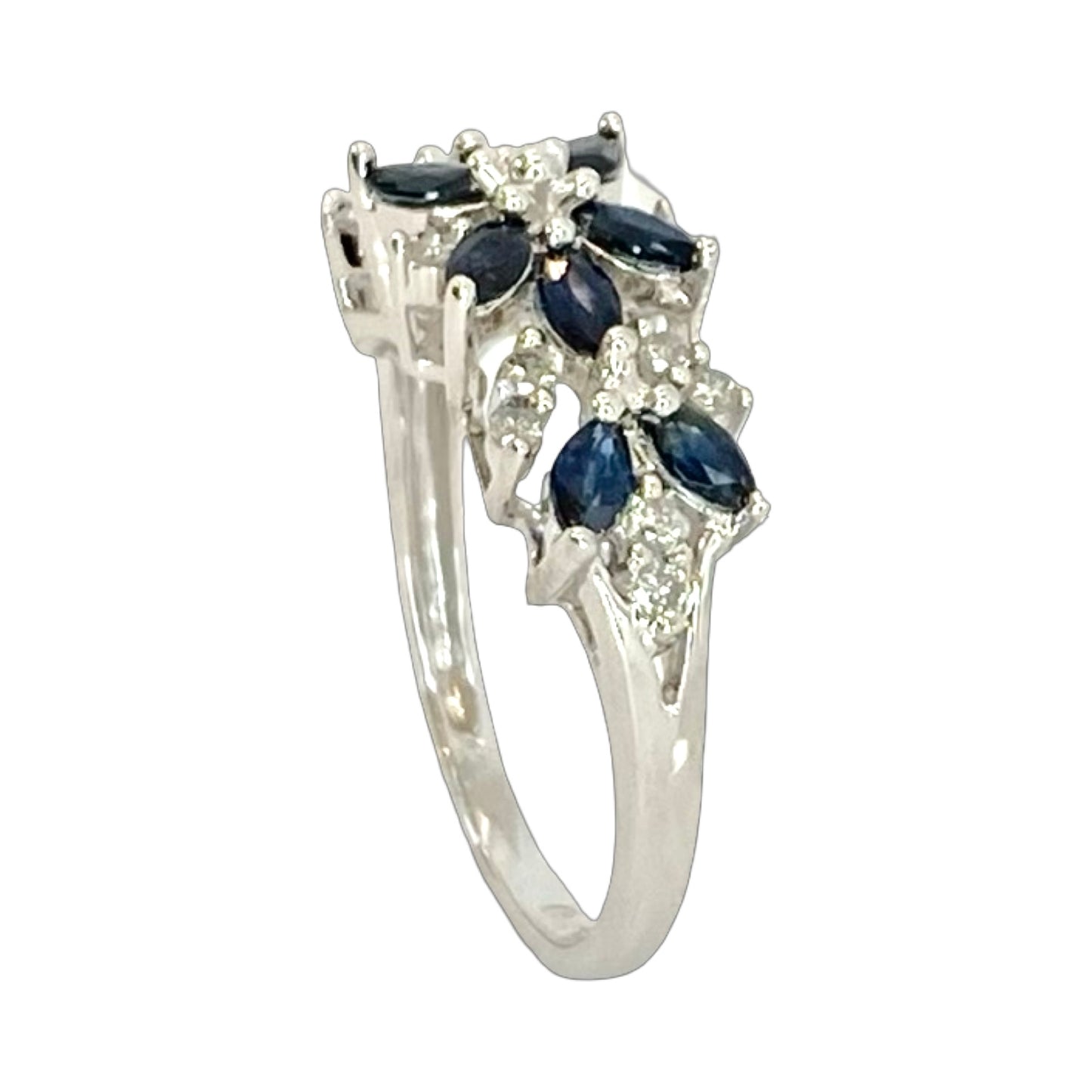 10K White Gold Marquise Blue Sapphires and Diamond Ring