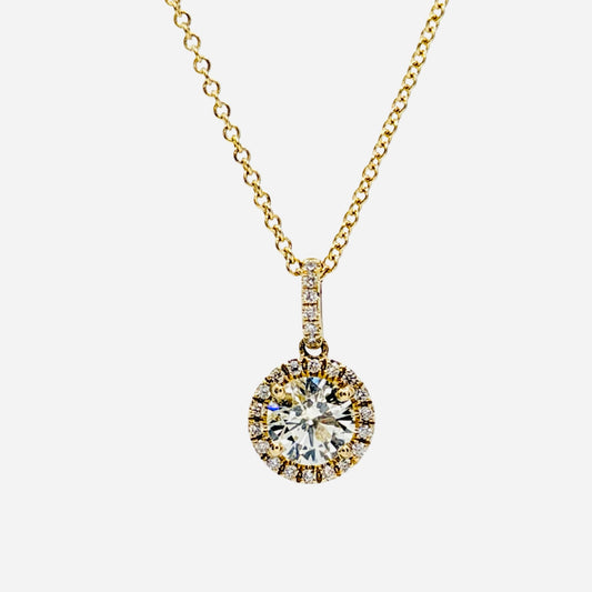 14K Yellow Gold Round Diamond Halo Pendant 0.95 Carat TW