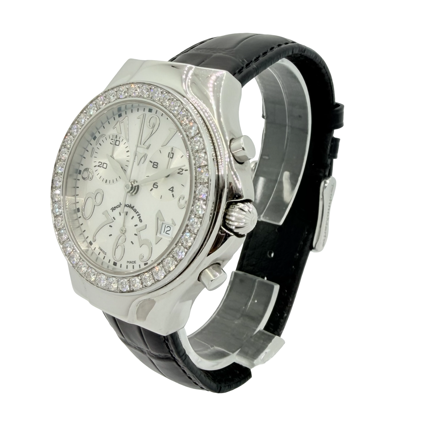 TechnoMarine TechnoDiamond Diva Quartz Chronograph White Mother-of-Pearl Dial 2.00 CaratDiamond Bezel Black Leather Strap DRMD