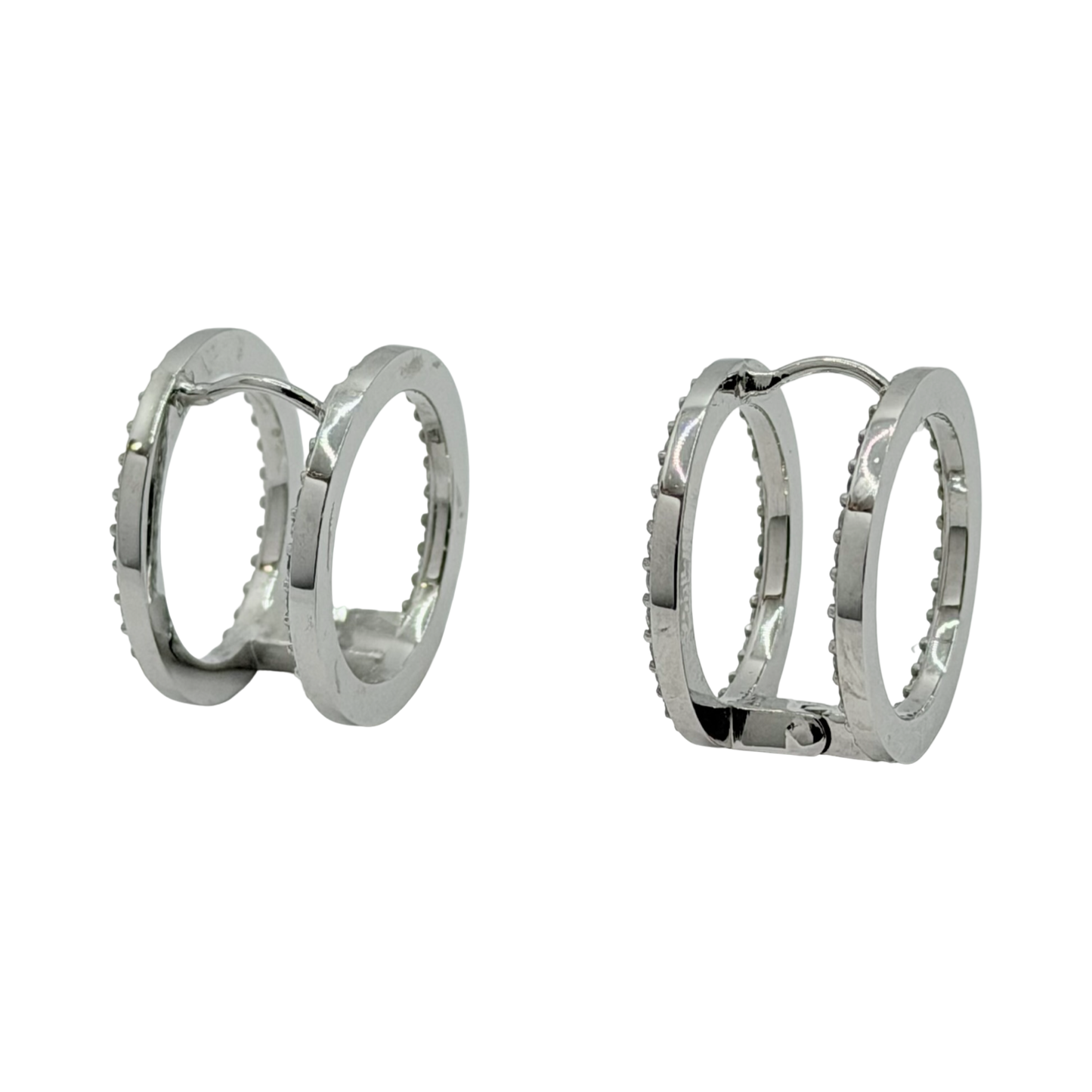 14K White Gold Double Hoop Earrings with CZ Stones