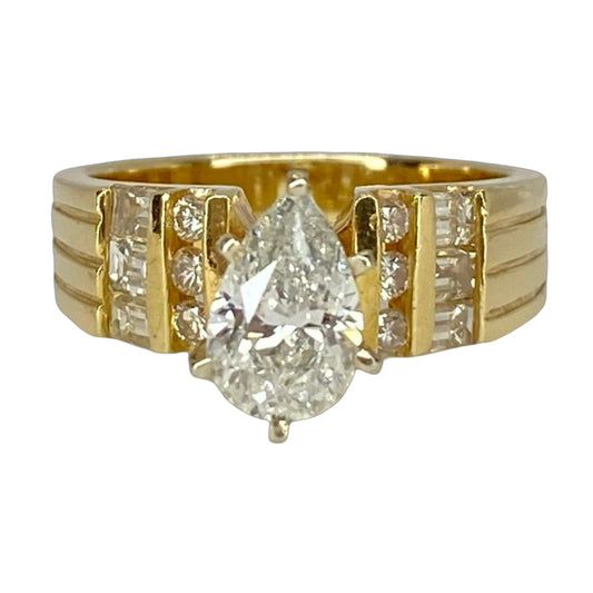 Estate Jewelry 14K Gold Pear Diamond Ring 0.75 Carat and 0.30 Carat Baguettes
