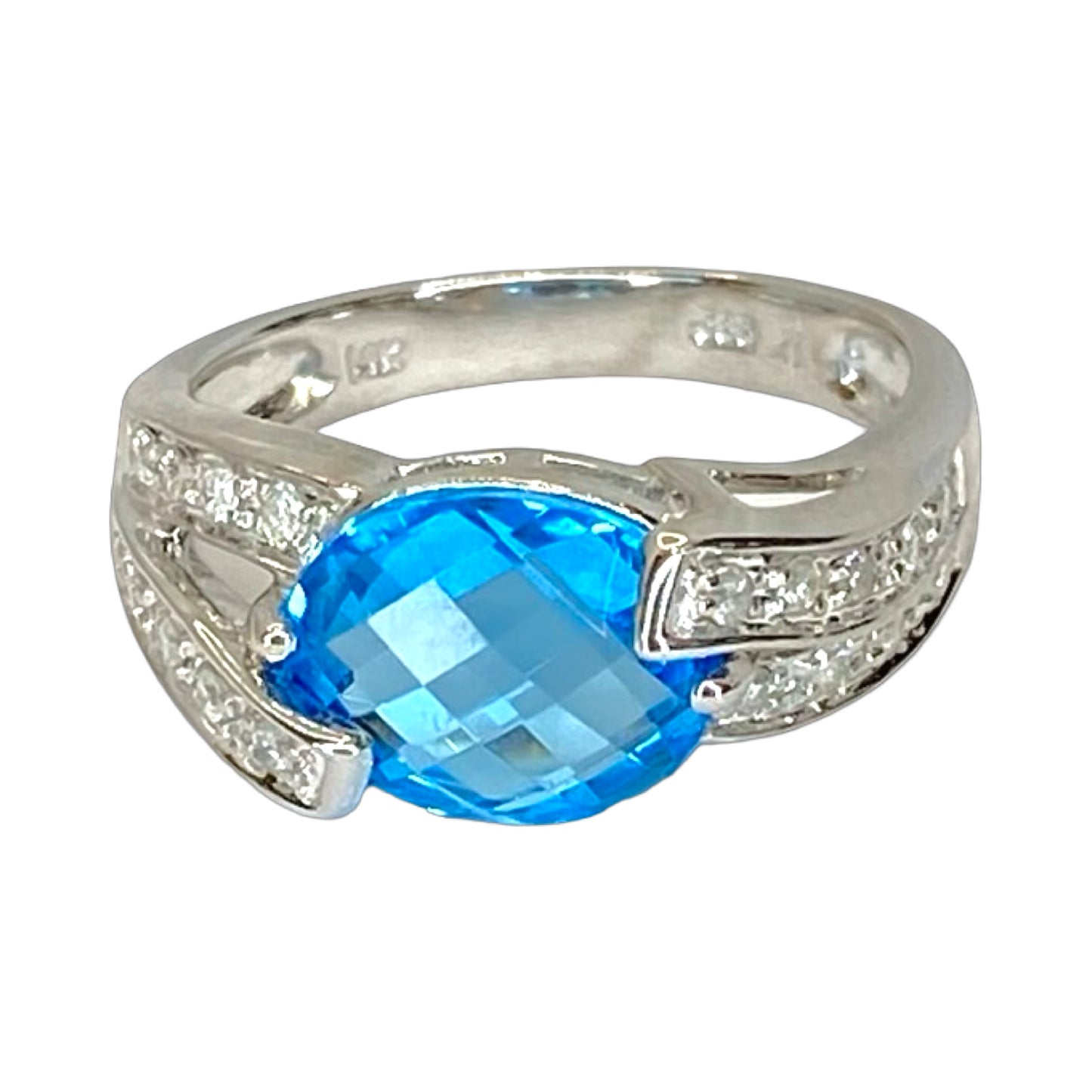14K White Gold 2.00 Carats Oval Blue Topaz with Diamonds
