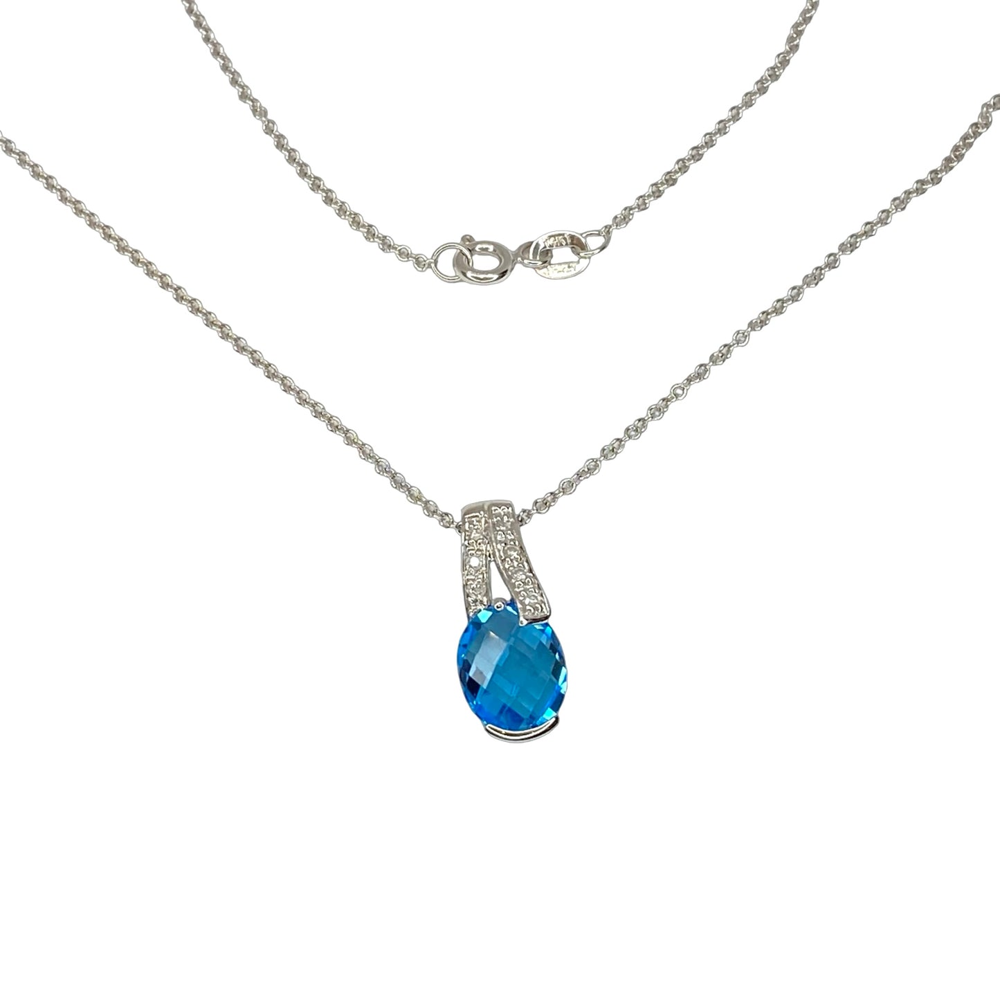 14K White Gold Faceted Oval Blue Topaz Pendant 2.00 Carats with Diamonds