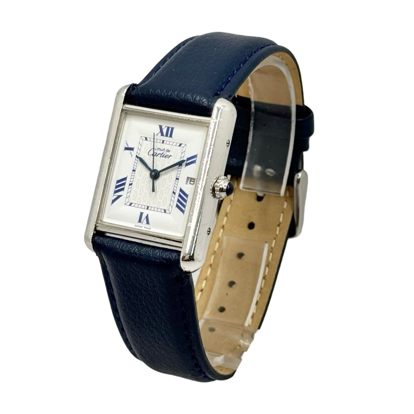 Cartier Must De Cartier Tank Mid Size 925 Silver White Dial Leather Strap Ref.2414