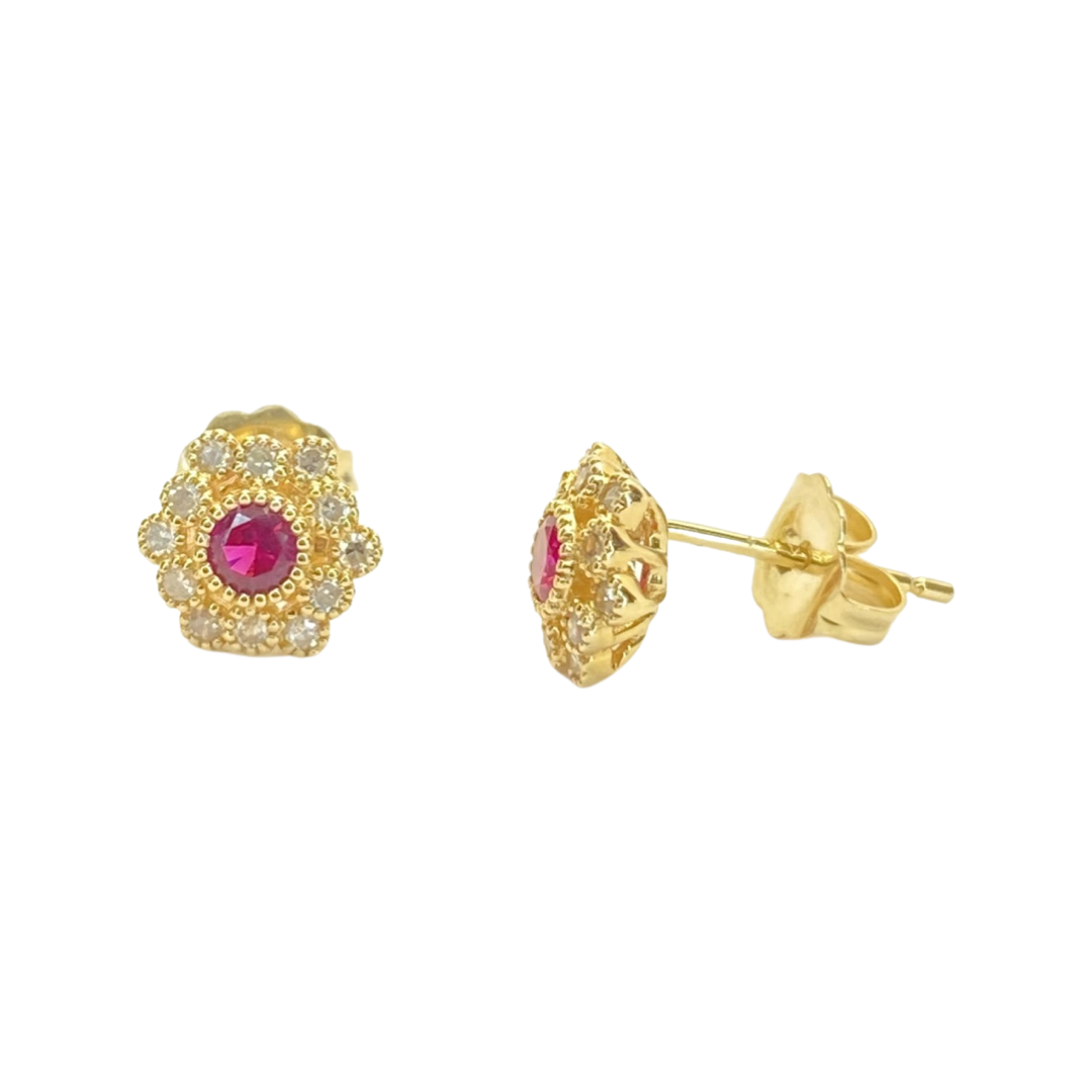 14K Yellow Gold Ruby & Diamond Stud Earrings