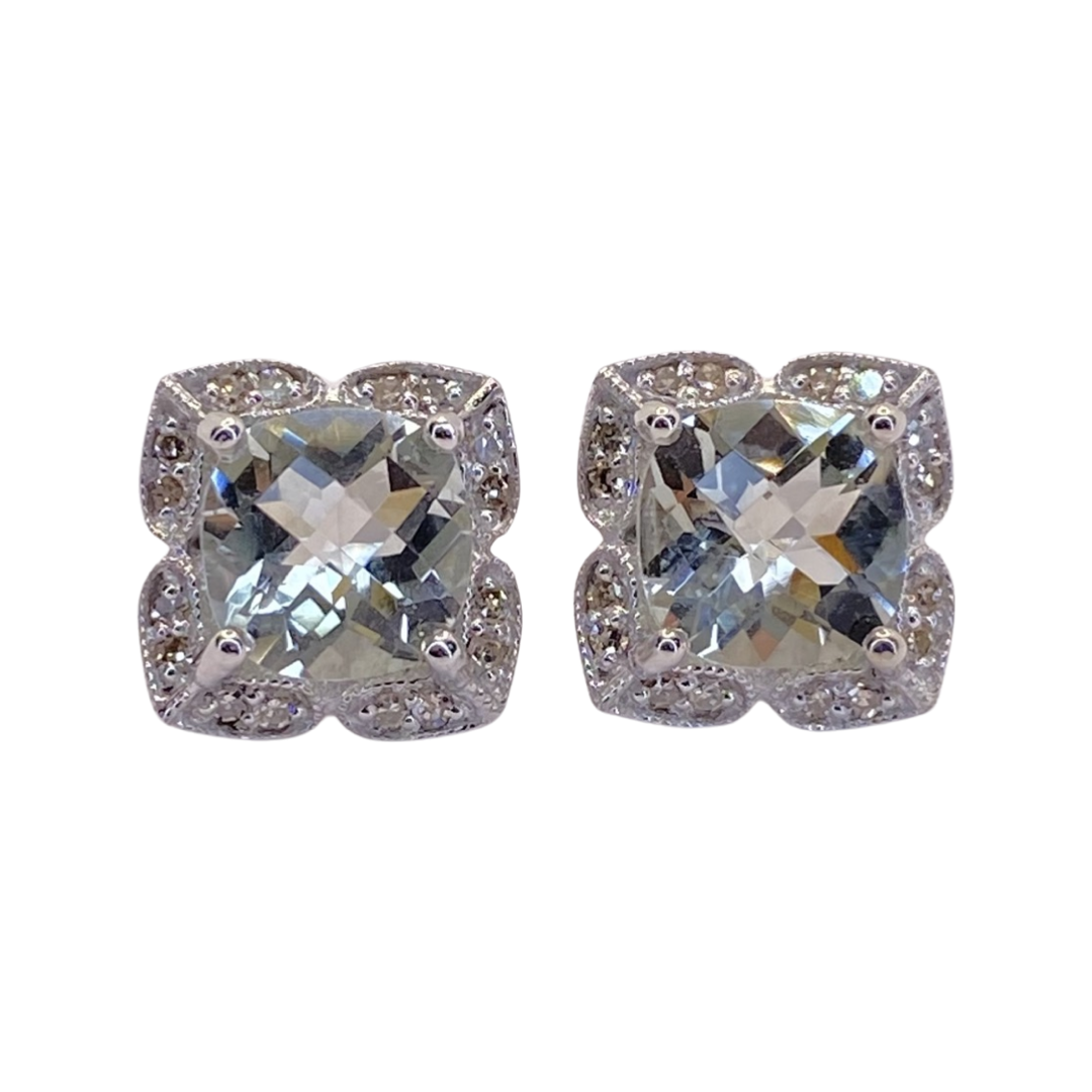 14K White Gold Green Amethyst & Diamond Stud Earrings