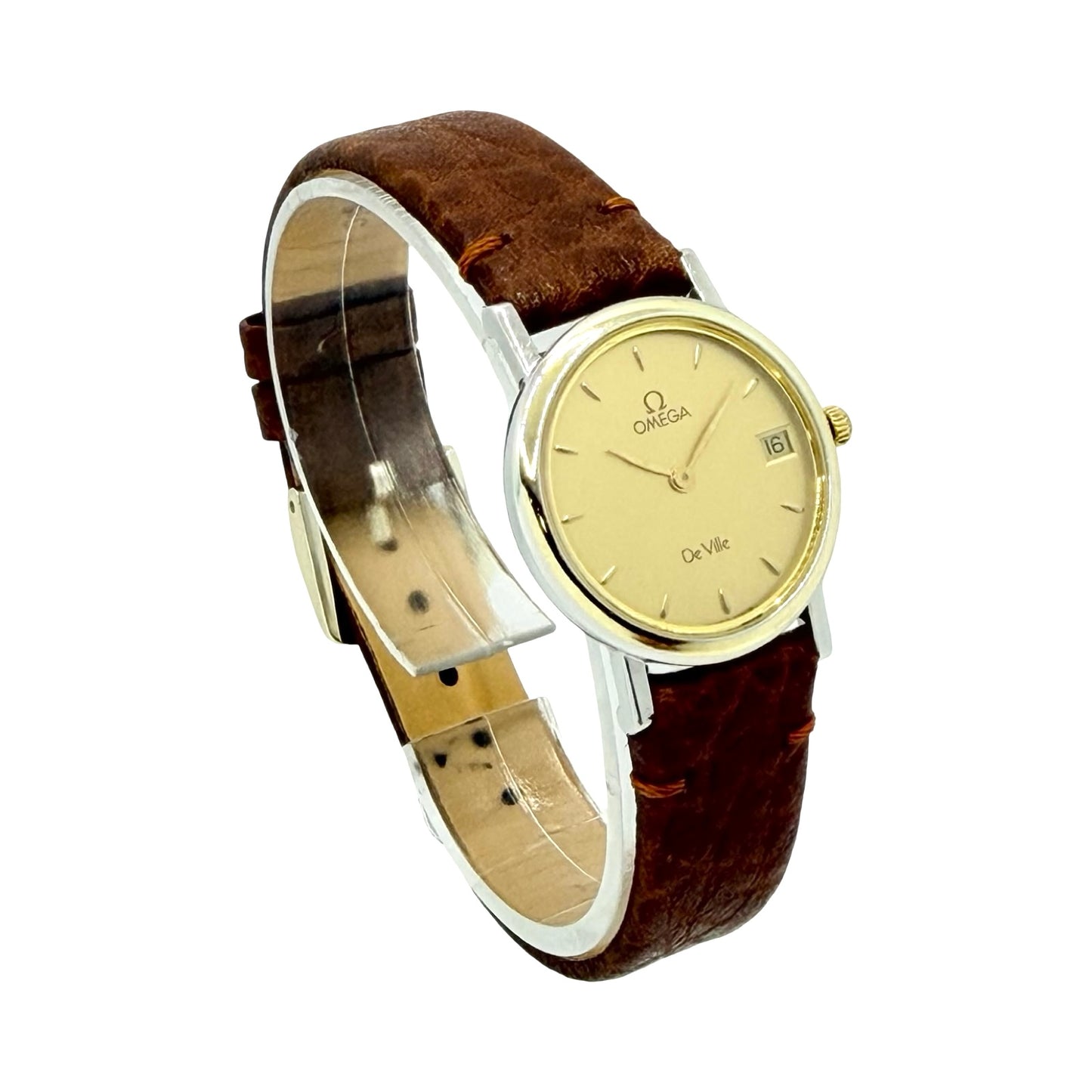 Omega De Ville Quartz 25mm 18K Gold and Steel Champagne Dial Leather Strap 596.2379