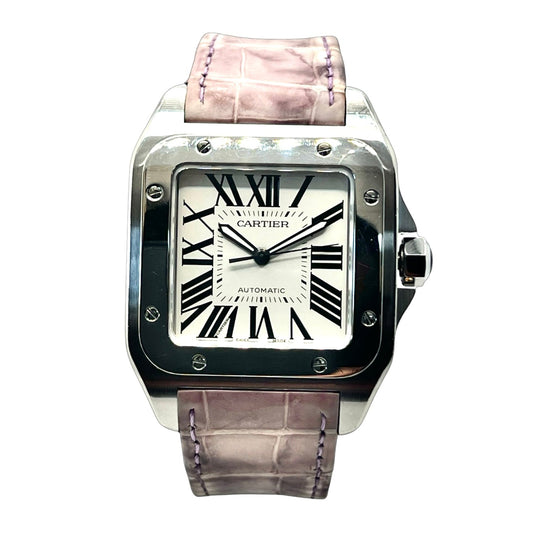Cartier Santos 100 XL Automatic White Dial Stainless Steel Pink Strap 2656