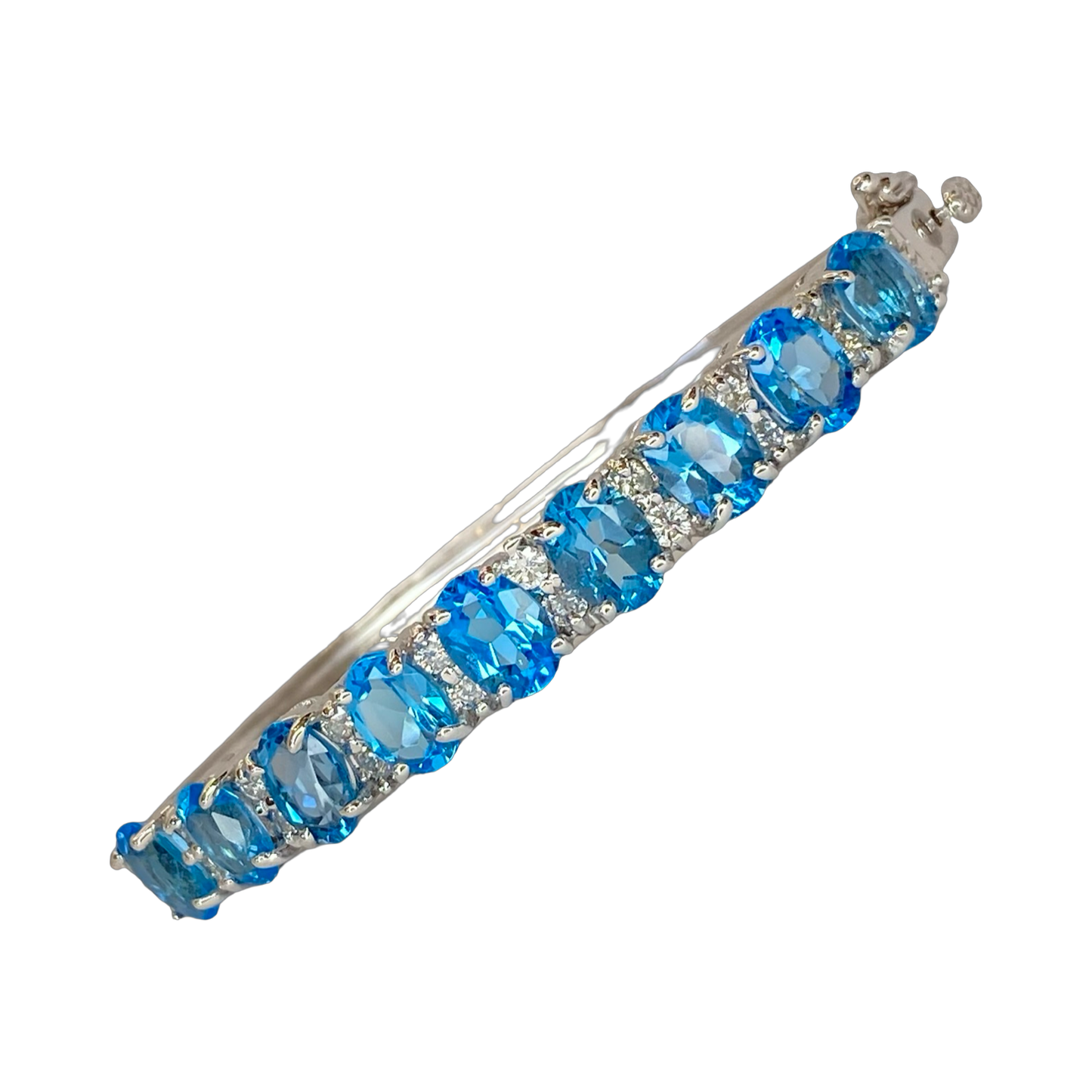 14K White Gold 10.00 Carats Oval Blue Topaz Bangle with Diamonds