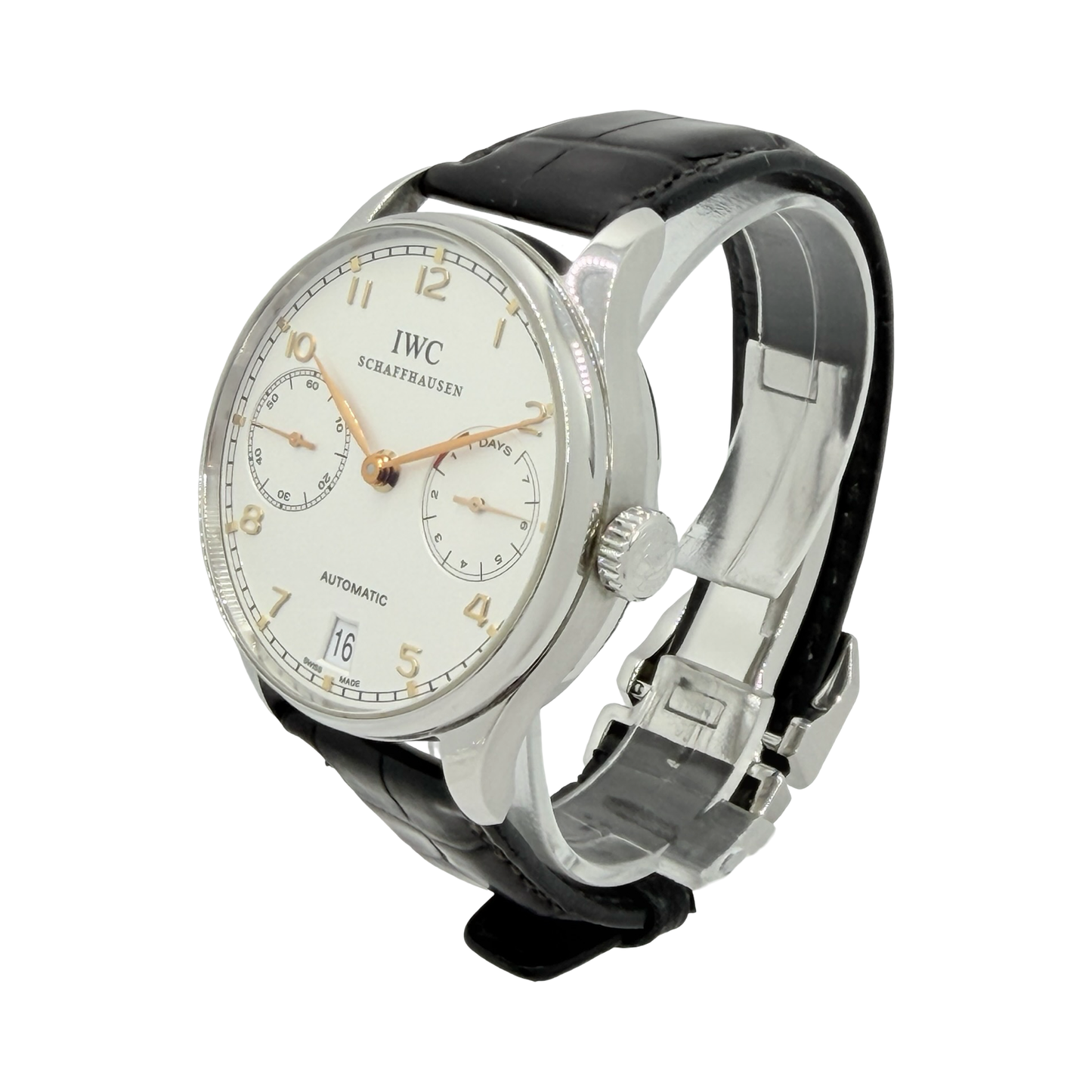 IWC Schaffhausen Portugieser 7 Day Power Reserve Silver Dial Black Leather Strap IW500114