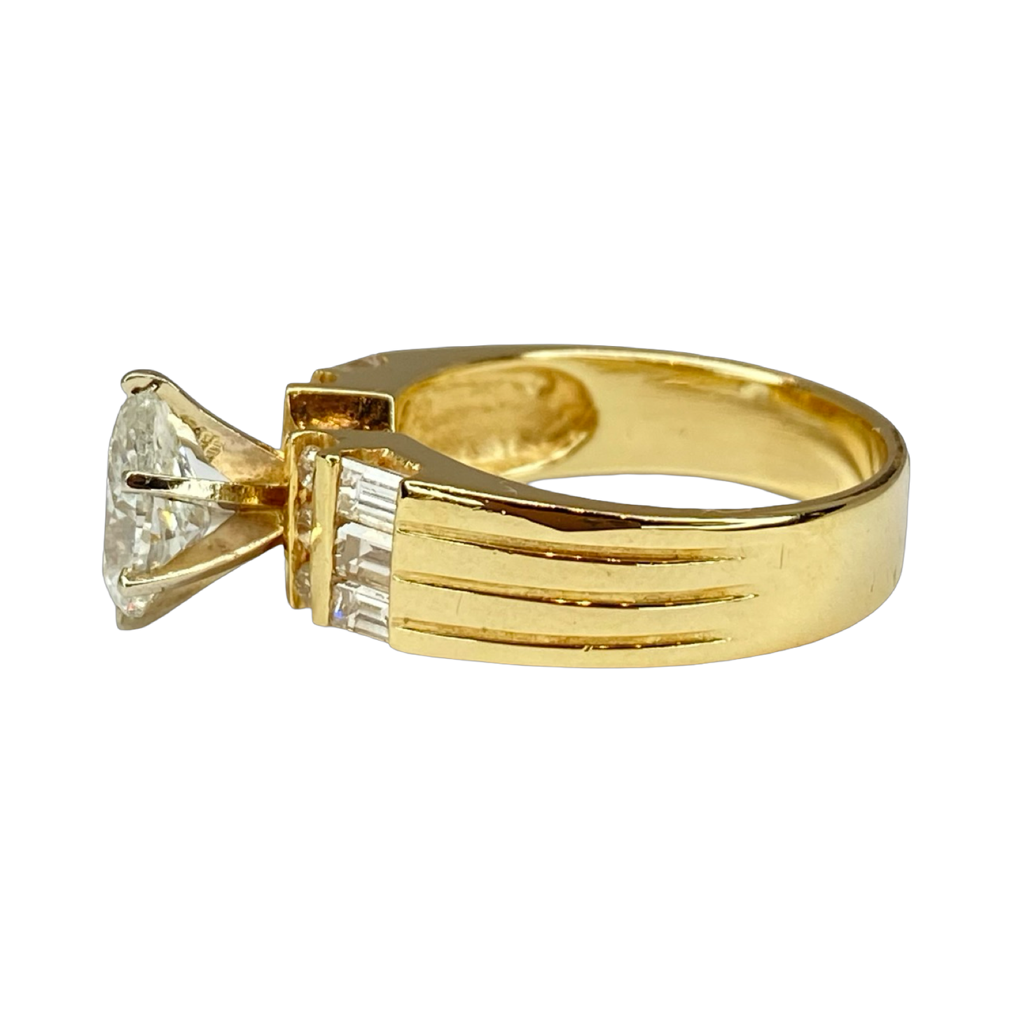 Estate Jewelry 14K Gold Pear Diamond Ring 0.75 Carat and 0.30 Carat Baguettes