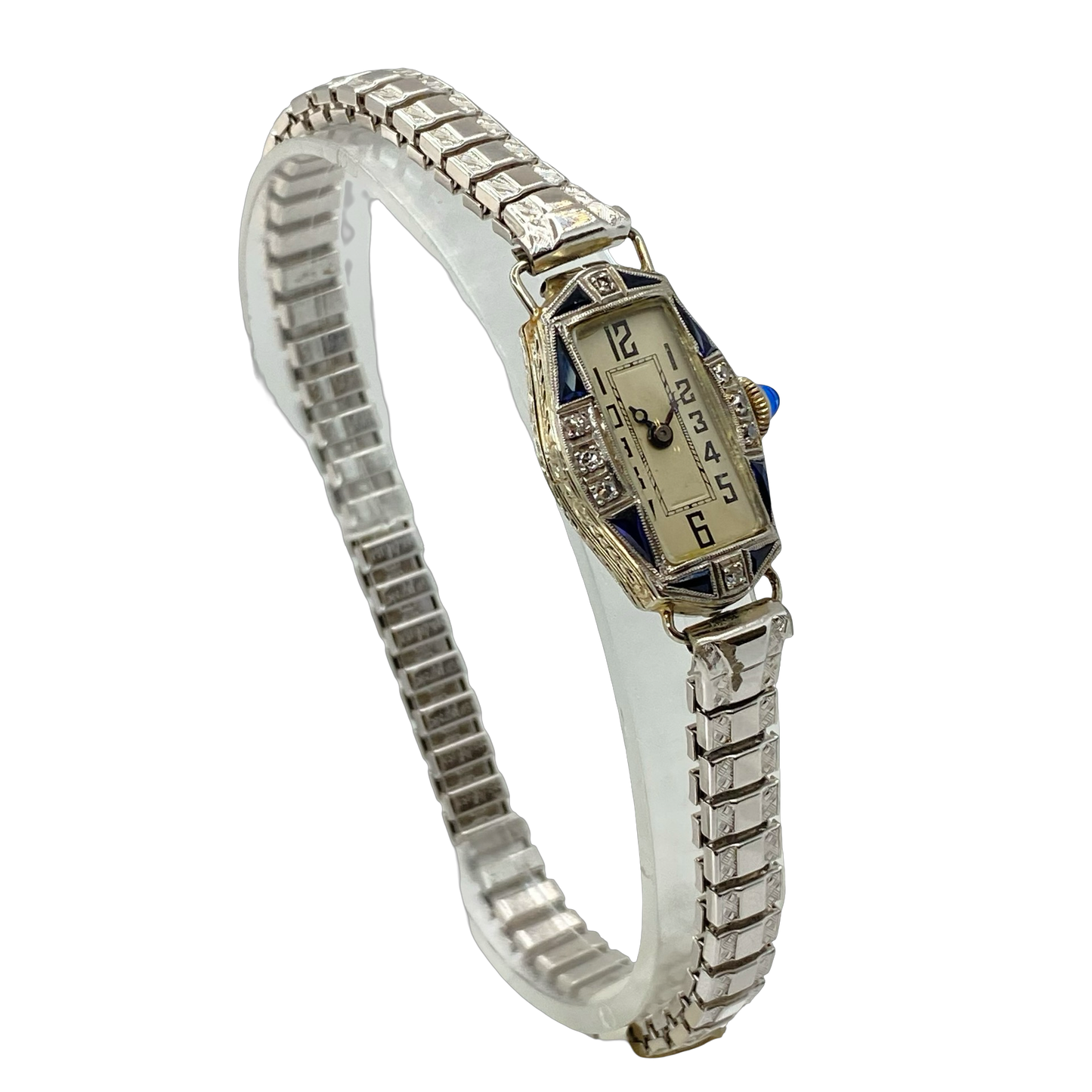 Vintage Ladies 18K/Platinum Art Deco Diamonds and Sapphire Manual Wind Watch